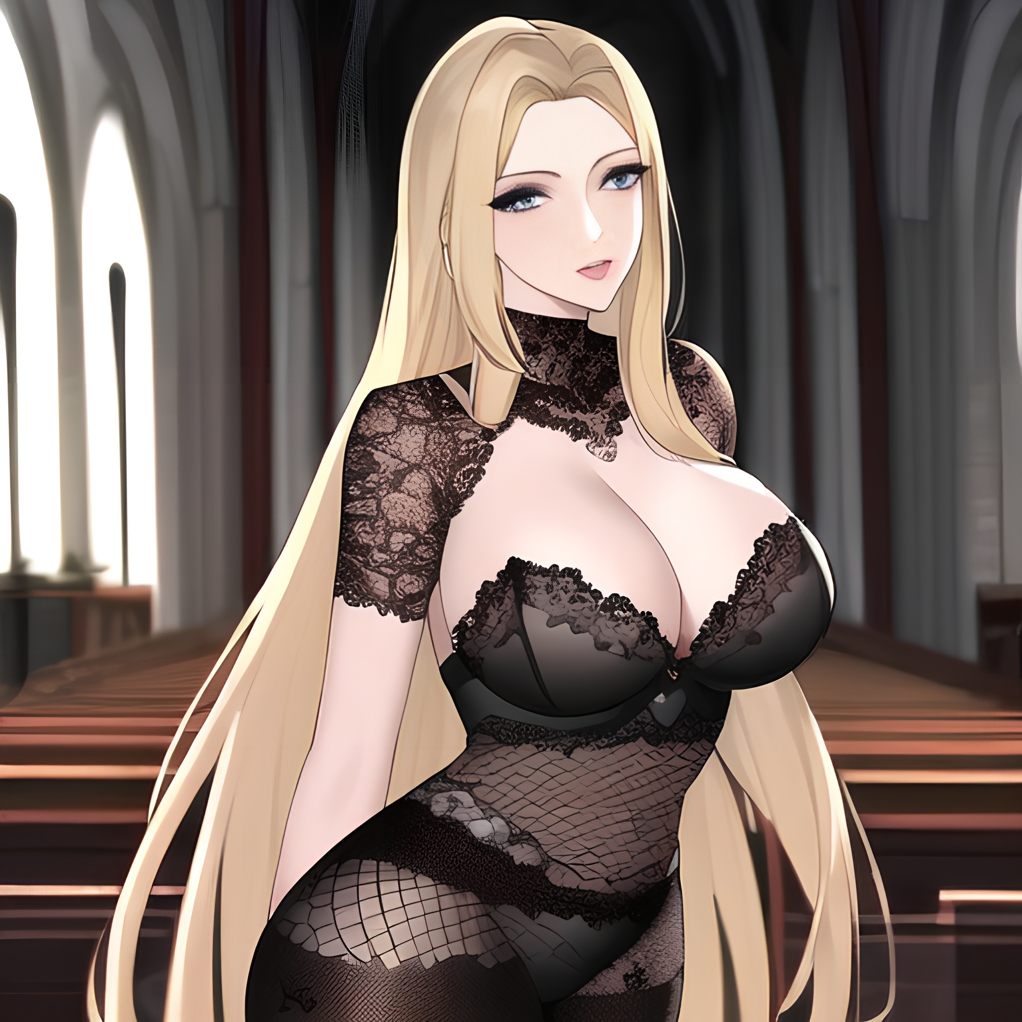 blonde woman nude small boobs fishnet church long hair front view 