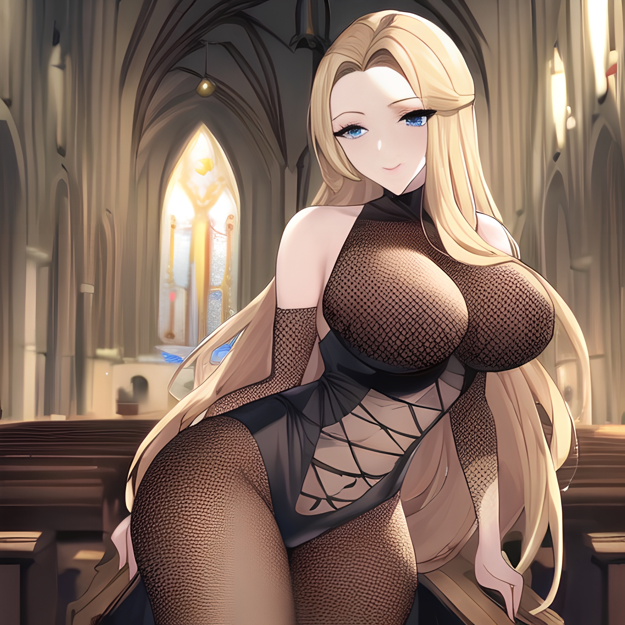 blonde woman small boobs front view church fishnet nude long hair 