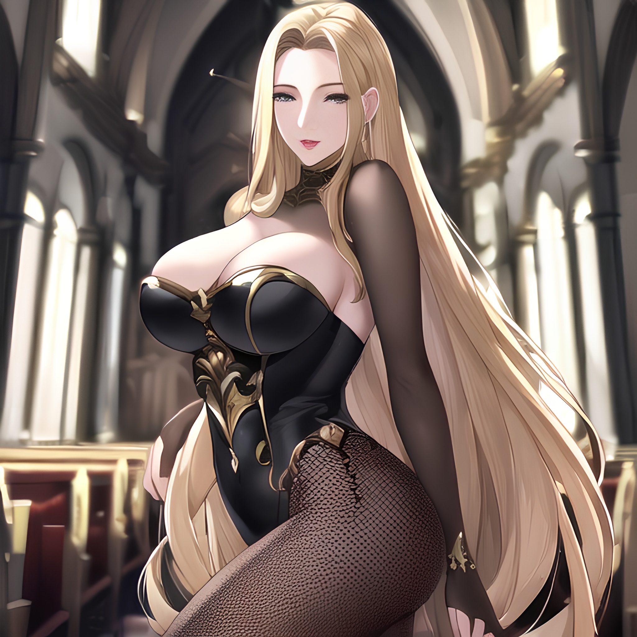 blonde woman small boobs front view church long hair nude fishnet 