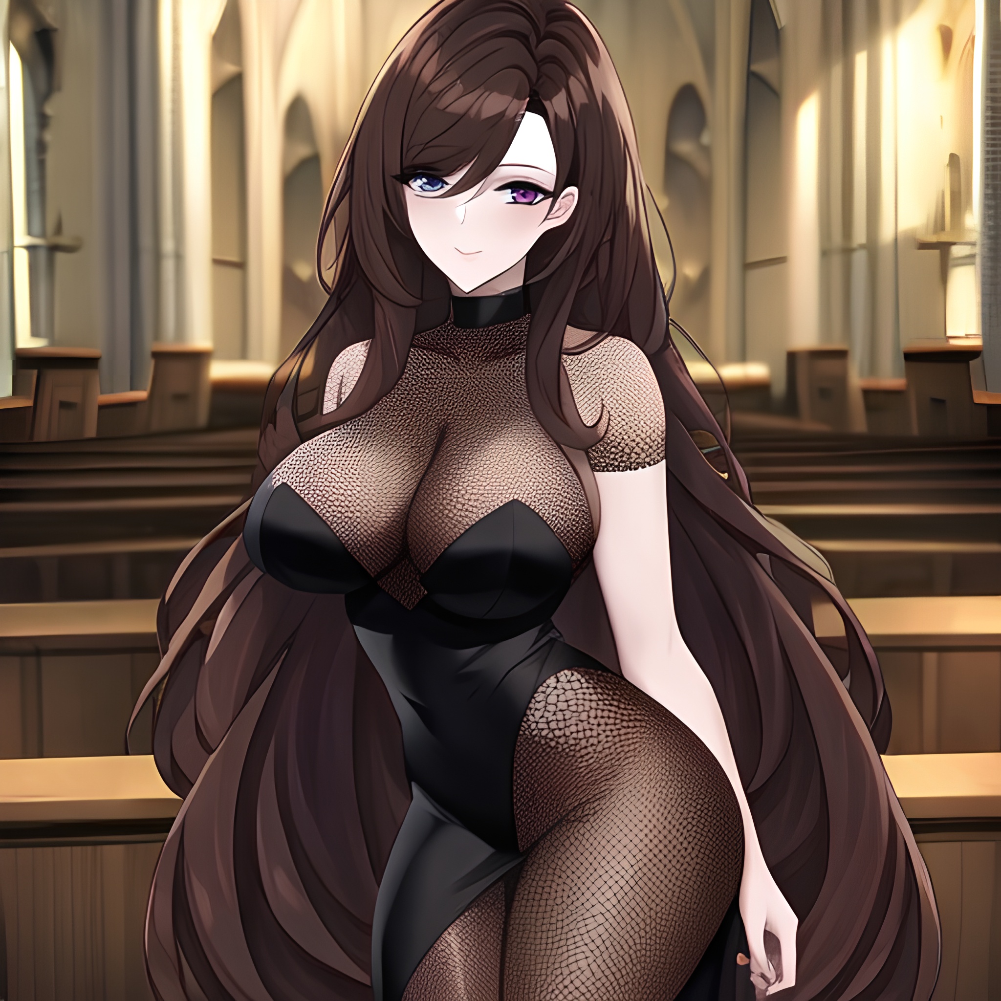 brunette church fishnet long hair messy hair woman 