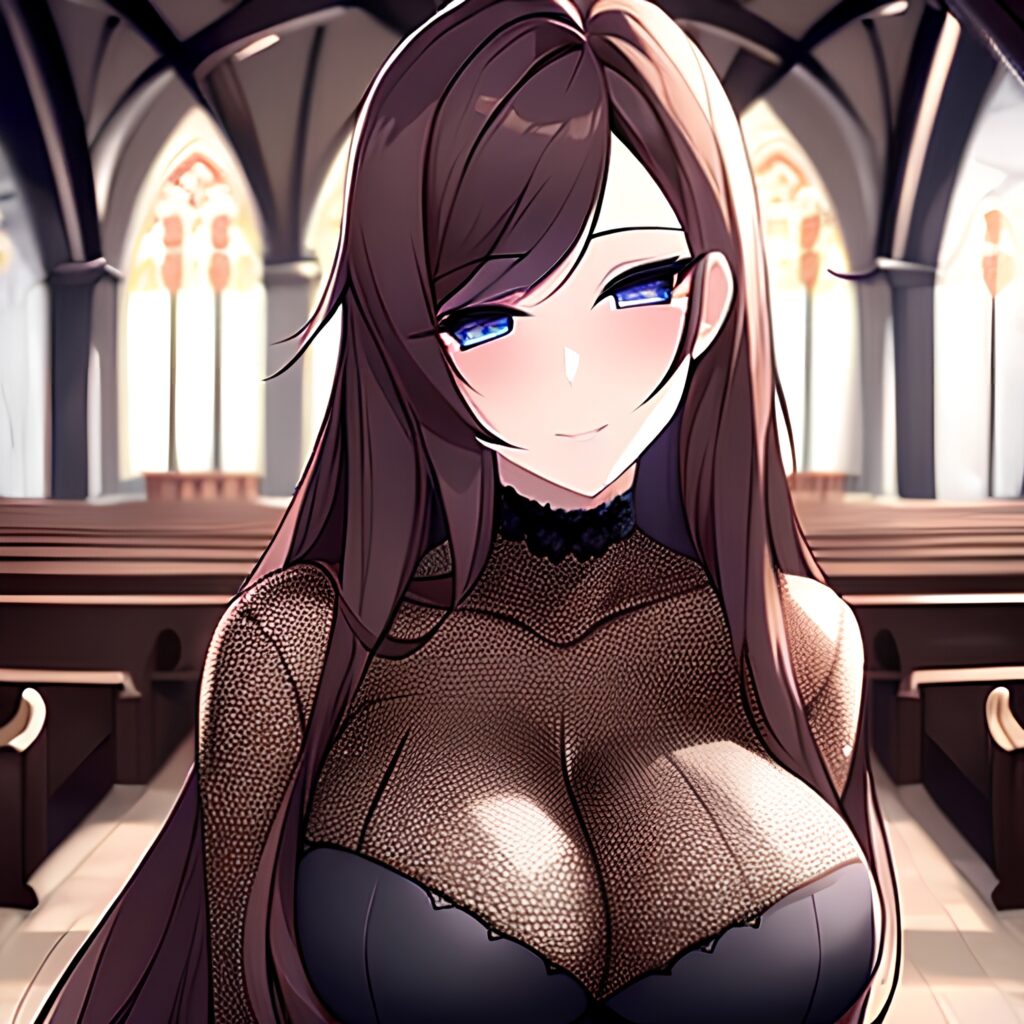 brunette church fishnet long hair messy hair woman 