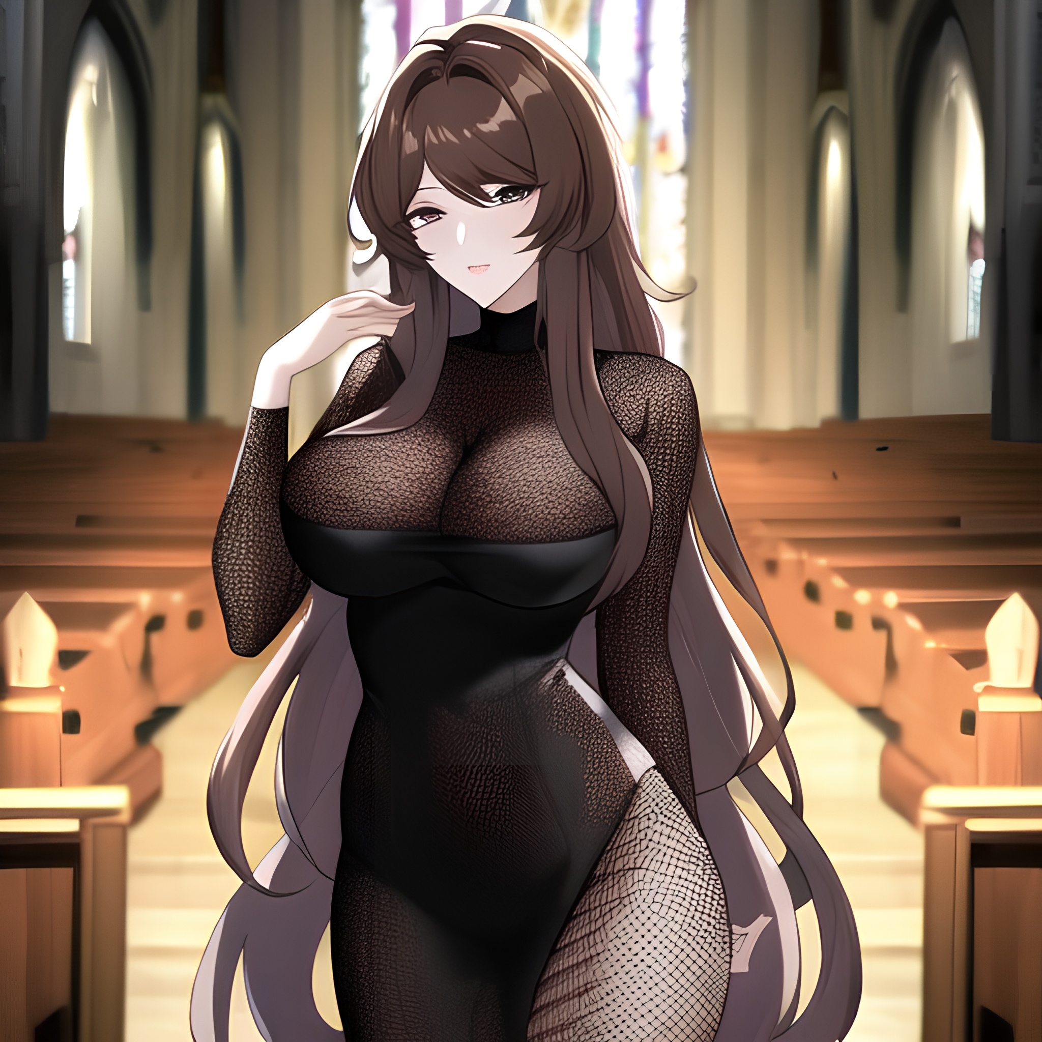 brunette church fishnet long hair messy hair woman 