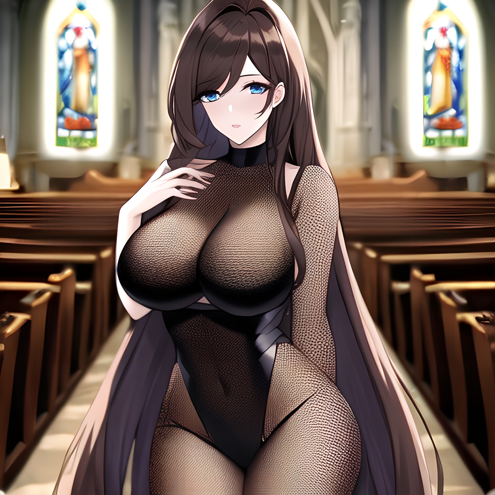 brunette church fishnet long hair woman messy hair 