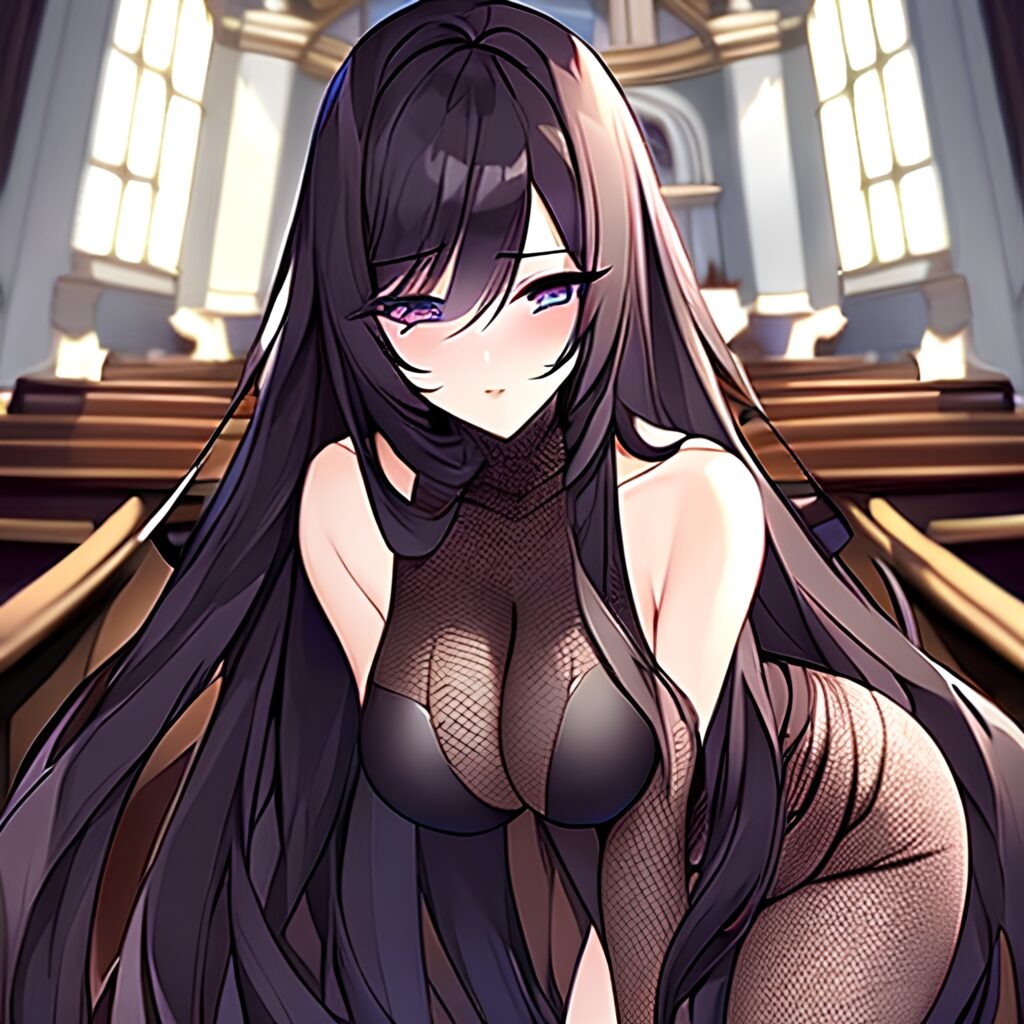 brunette church fishnet messy hair long hair woman