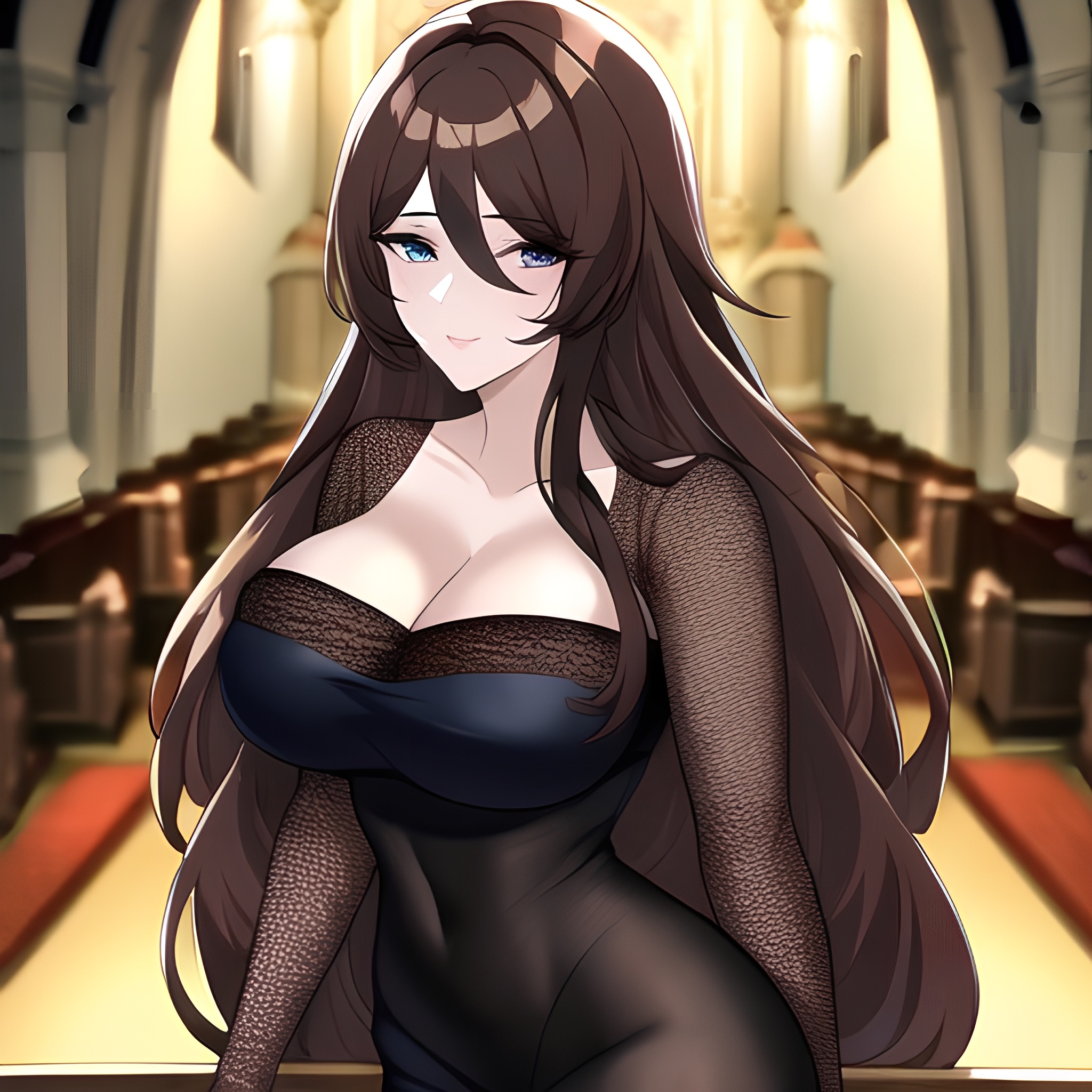 brunette church fishnet messy hair woman long hair 