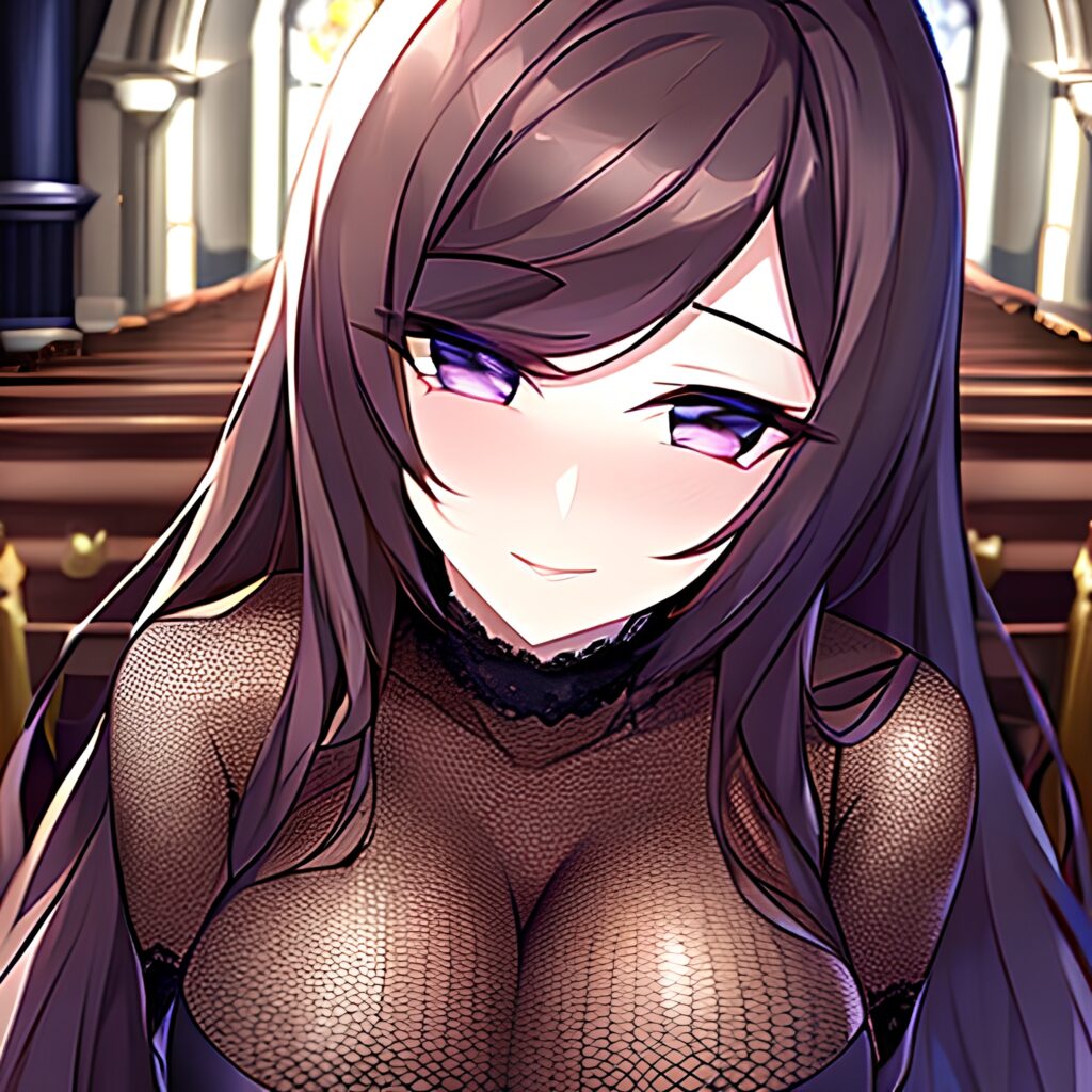 brunette church fishnet woman long hair messy hair 