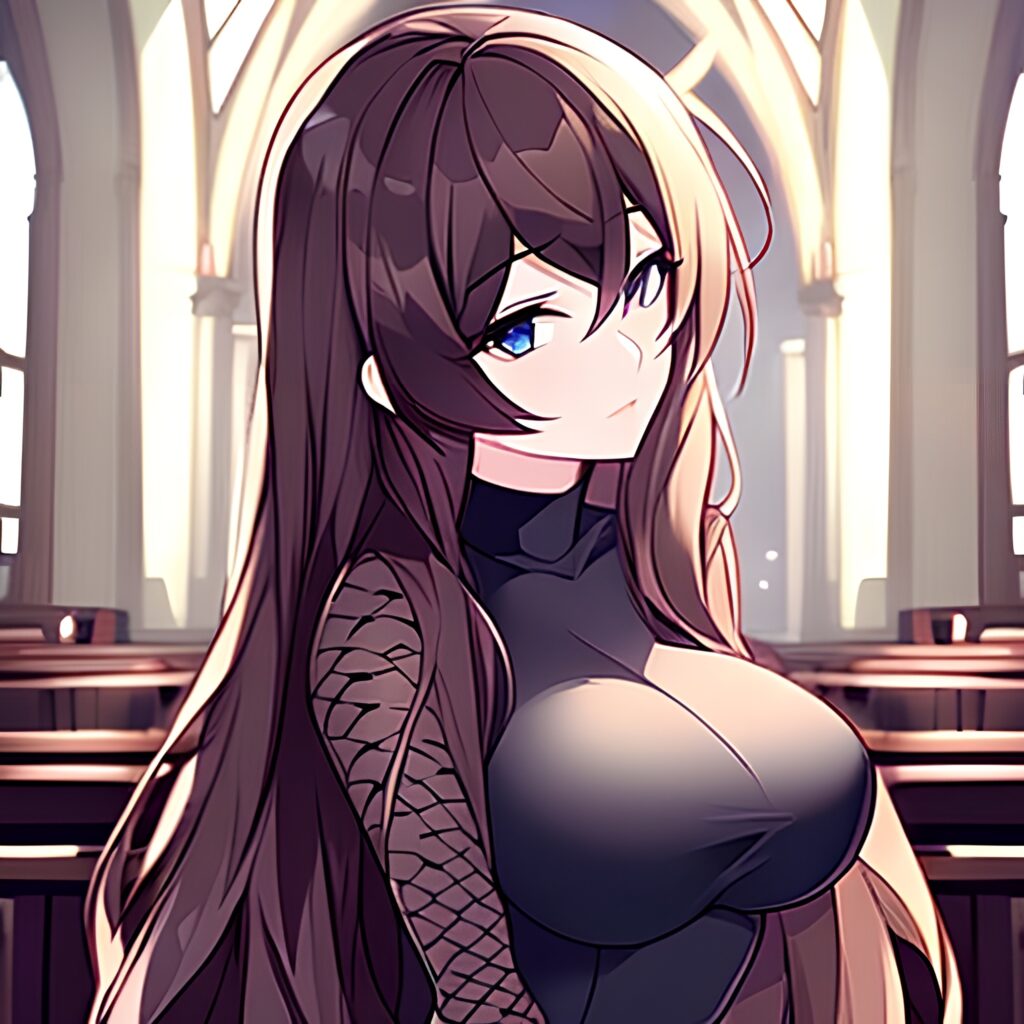 brunette church fishnet woman long hair messy hair 