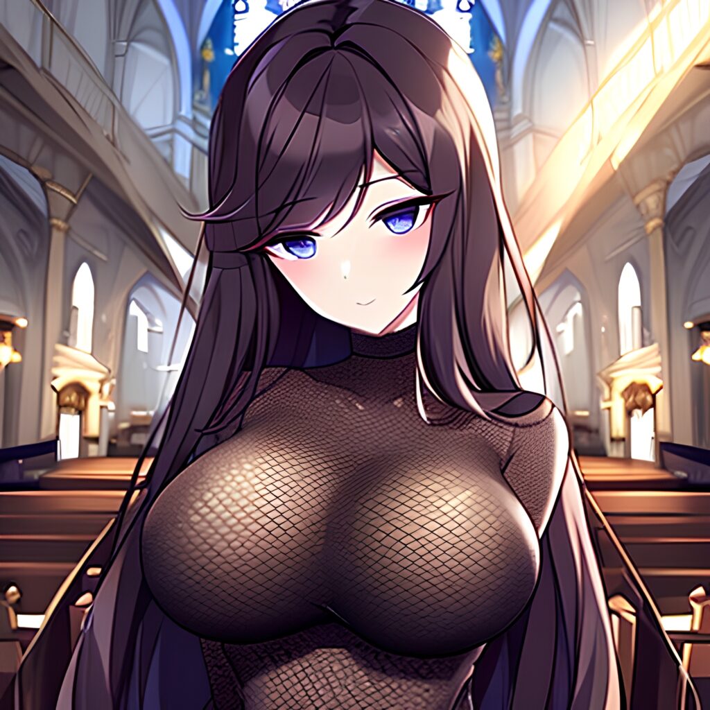 brunette church fishnet woman long hair messy hair 