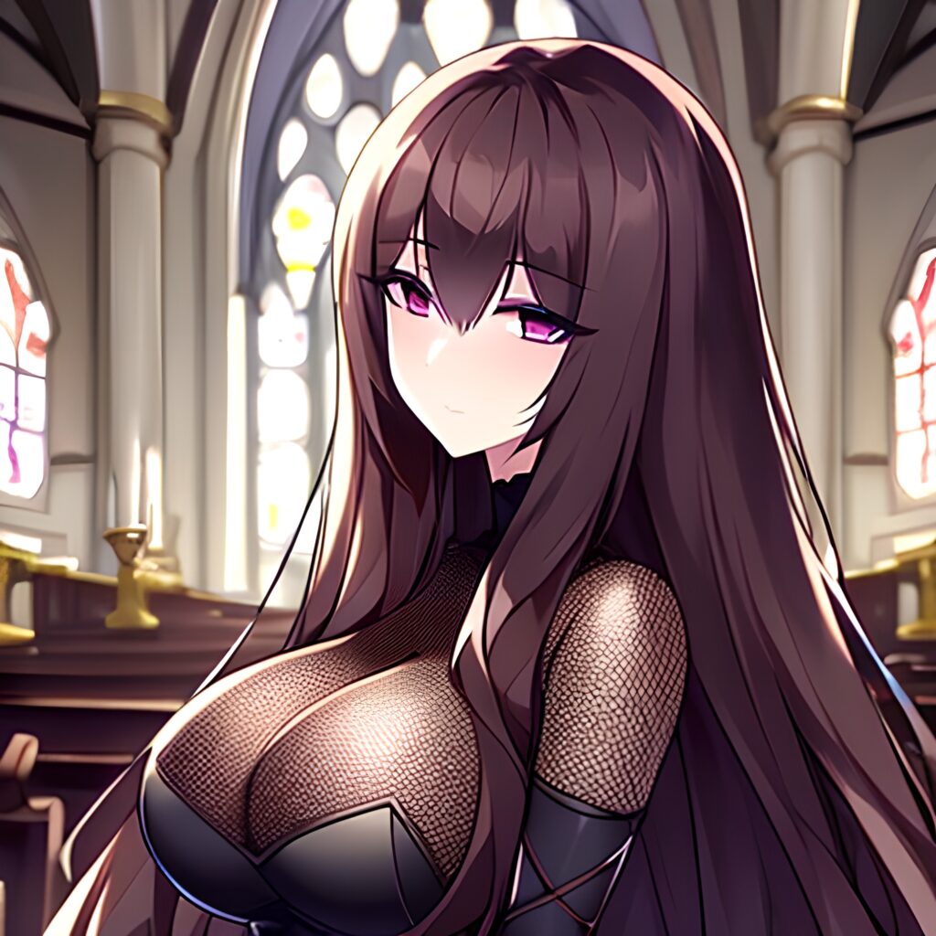 brunette church fishnet woman long hair messy hair 