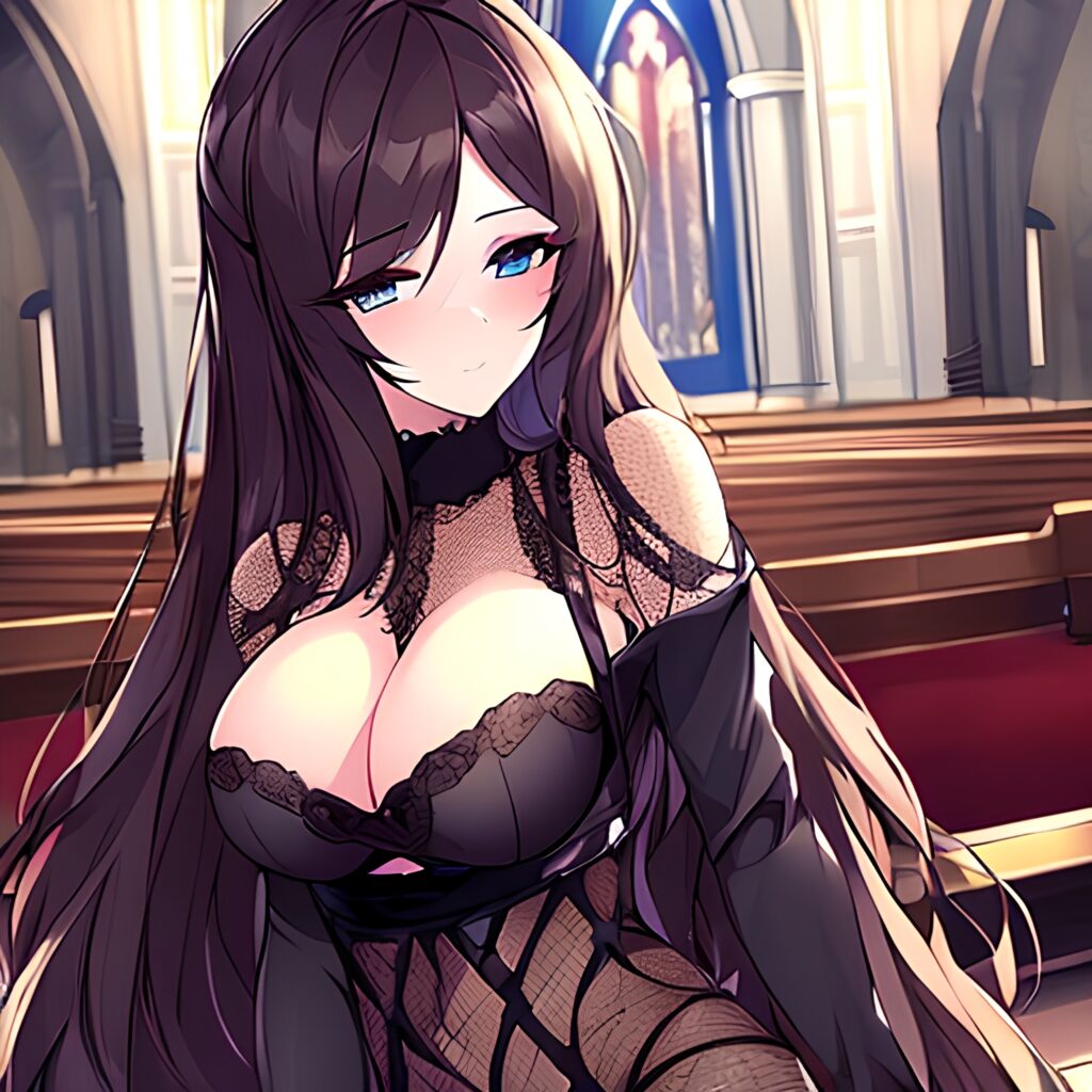 brunette church fishnet woman long hair messy hair 