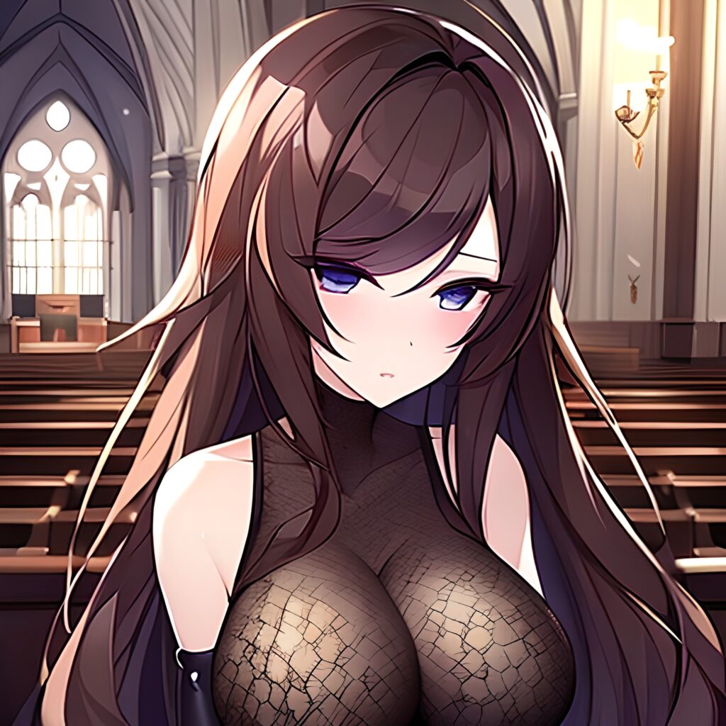brunette church fishnet woman long hair messy hair 