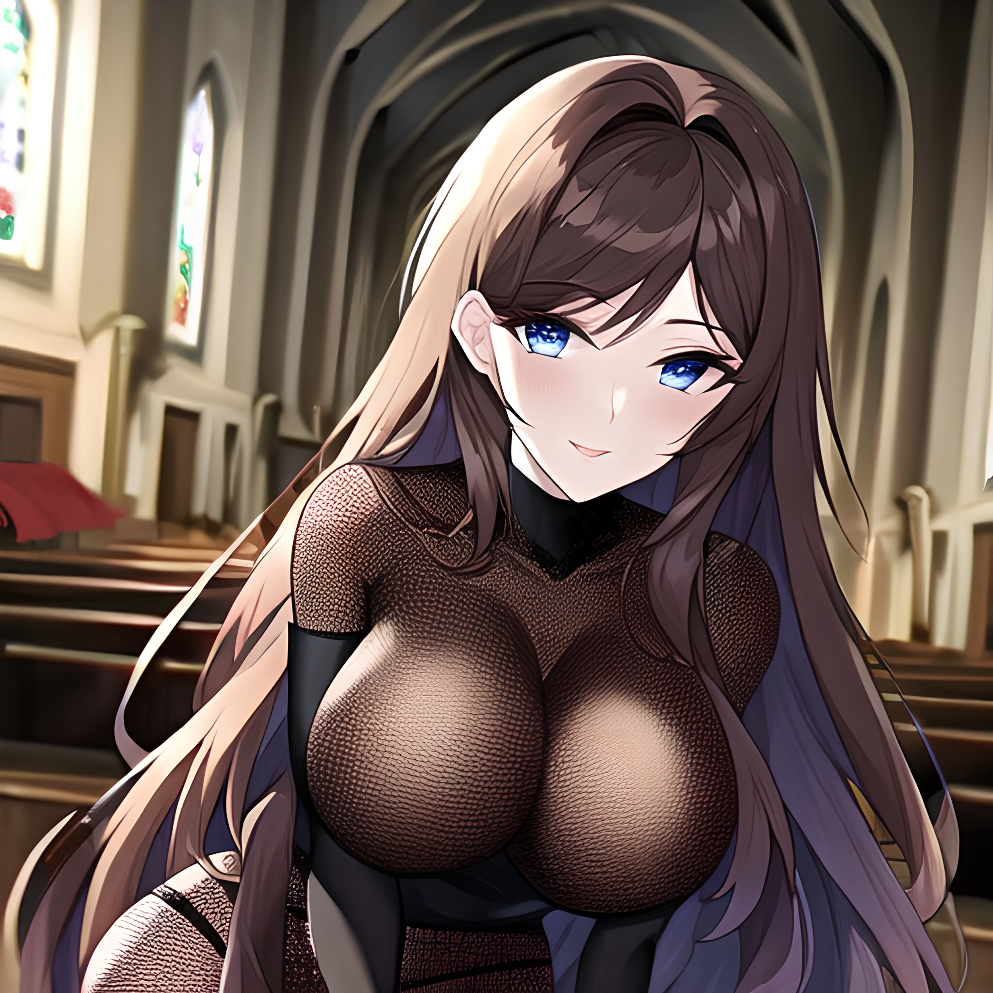 brunette church fishnet woman long hair messy hair 