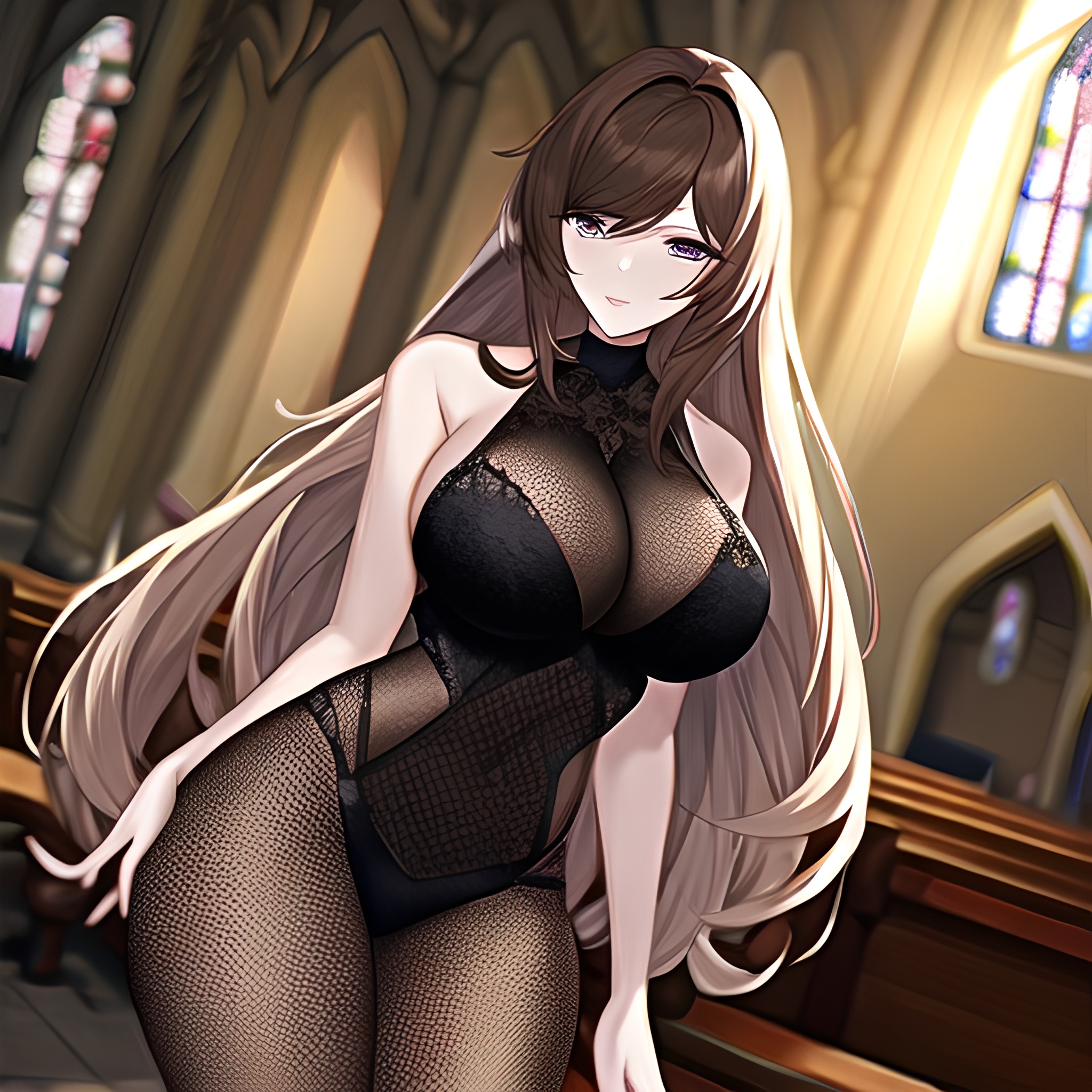 brunette church fishnet woman long hair messy hair 
