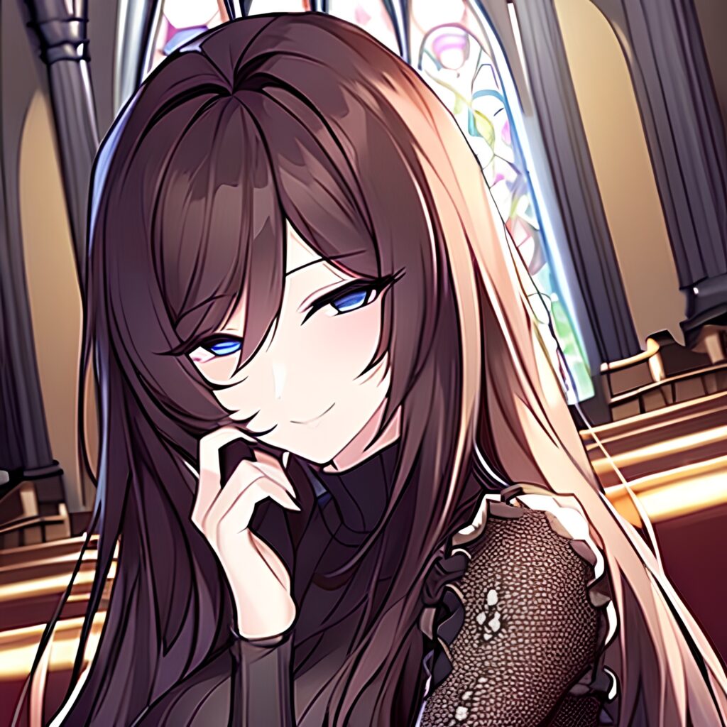 brunette church fishnet woman messy hair long hair 