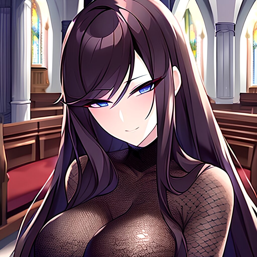 brunette church fishnet woman messy hair long hair