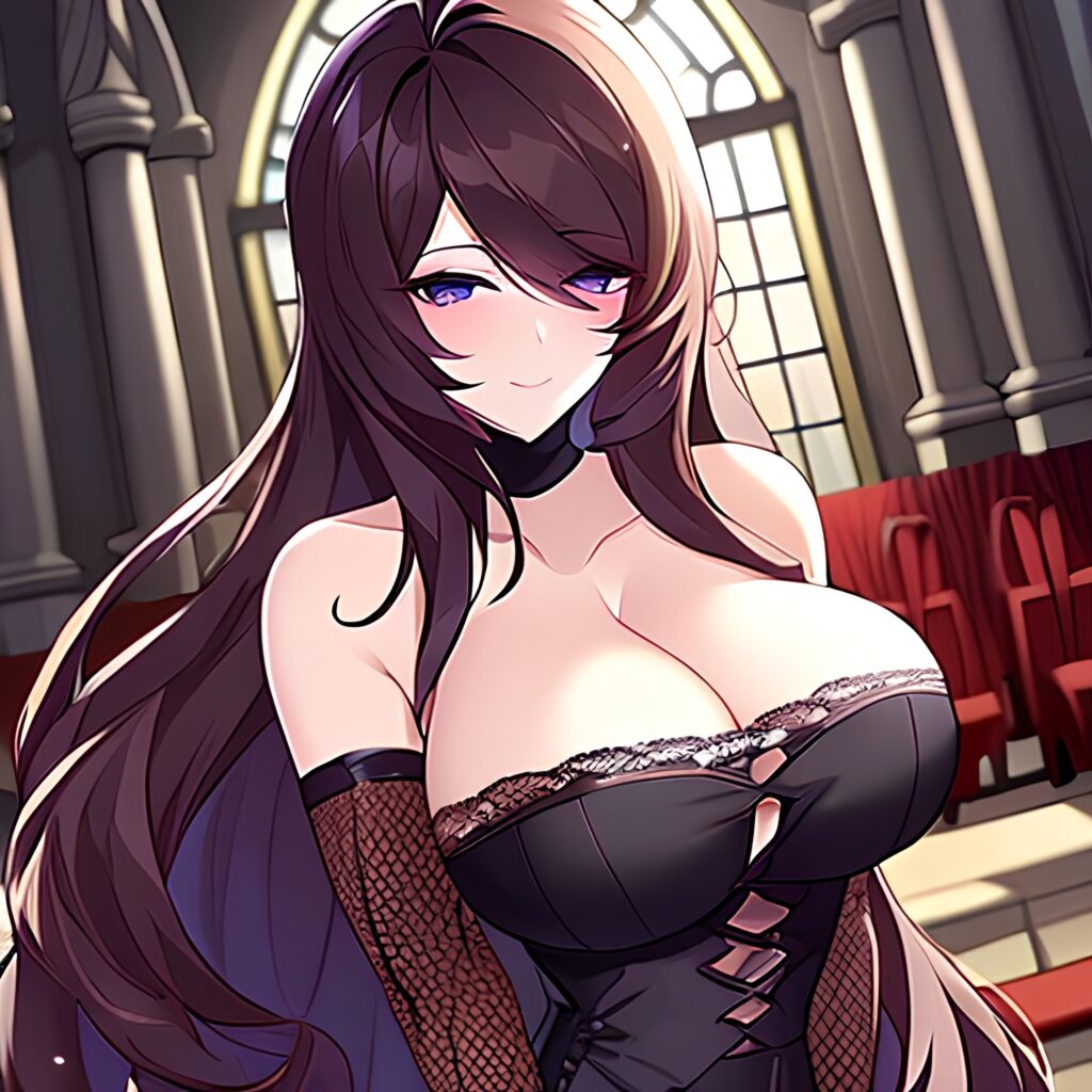 brunette church fishnet woman messy hair long hair 