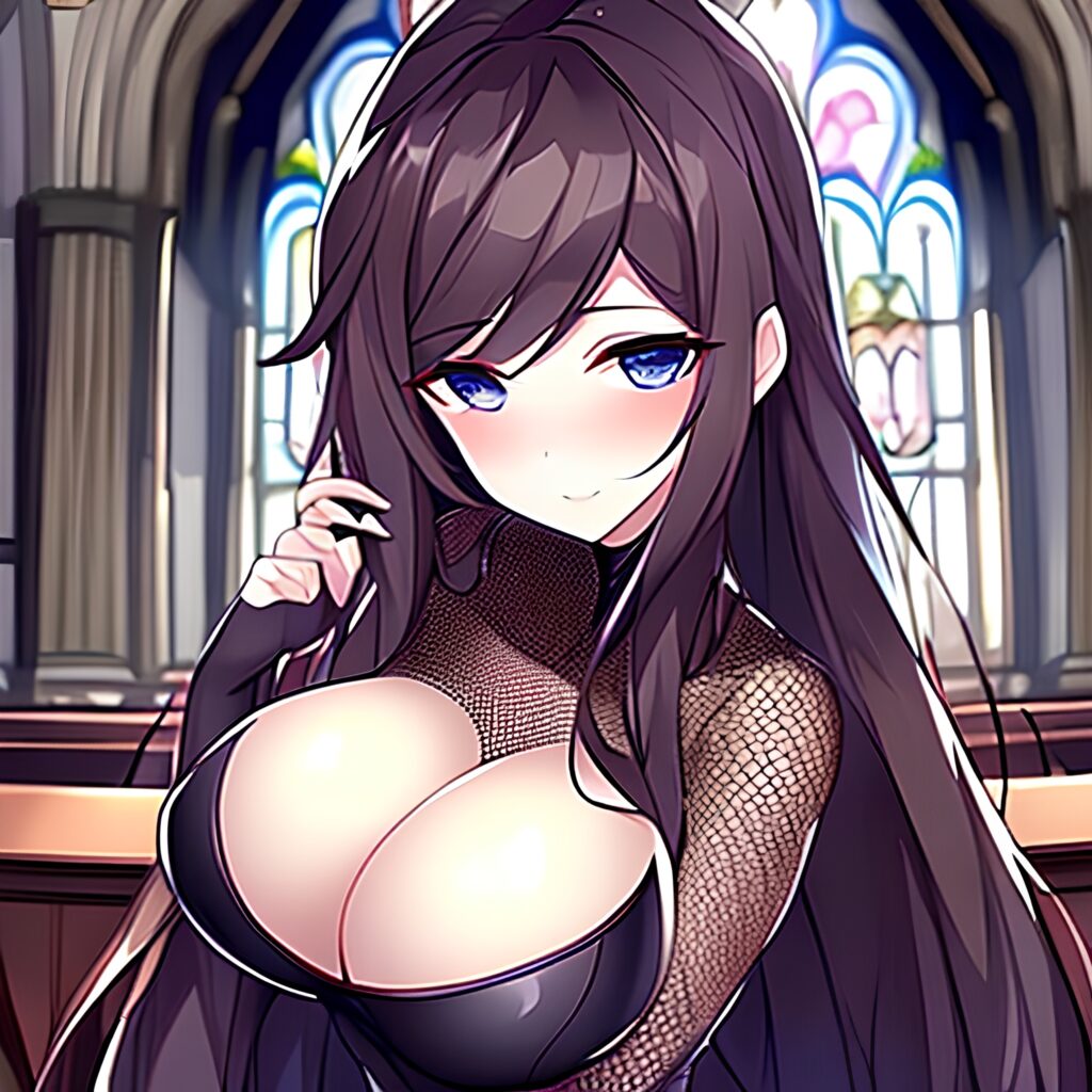 brunette church fishnet woman messy hair long hair 
