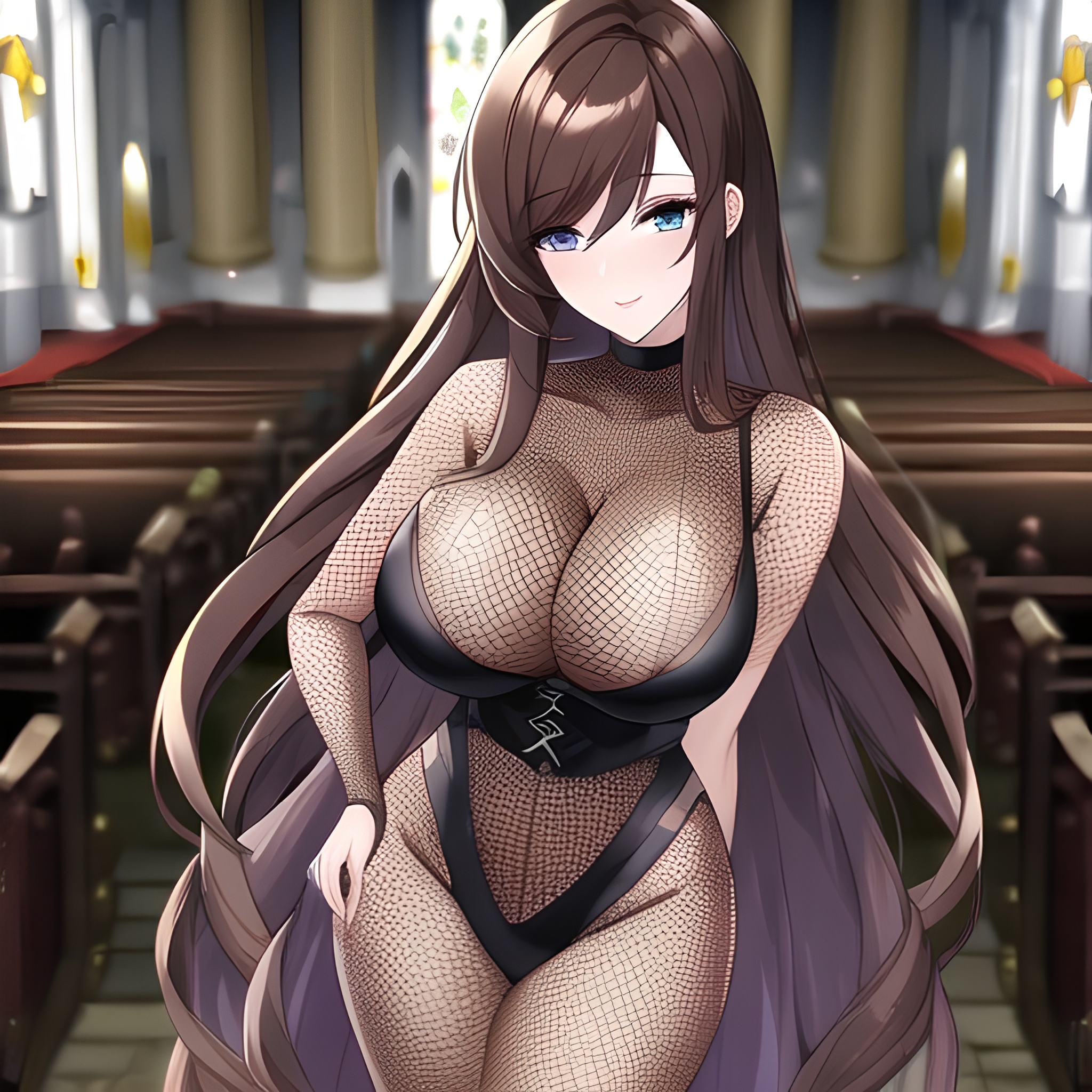 brunette church fishnet woman messy hair long hair 