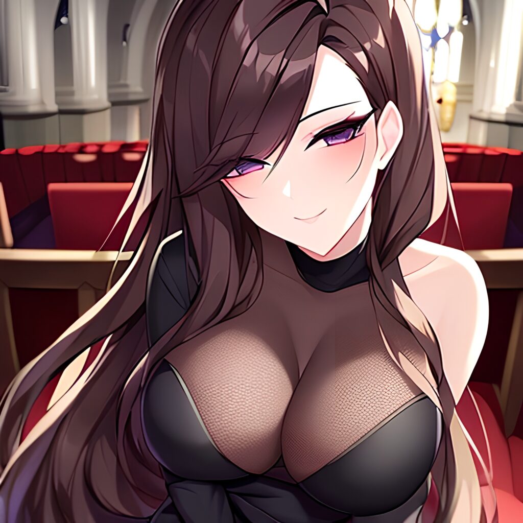 brunette church long hair fishnet messy hair woman