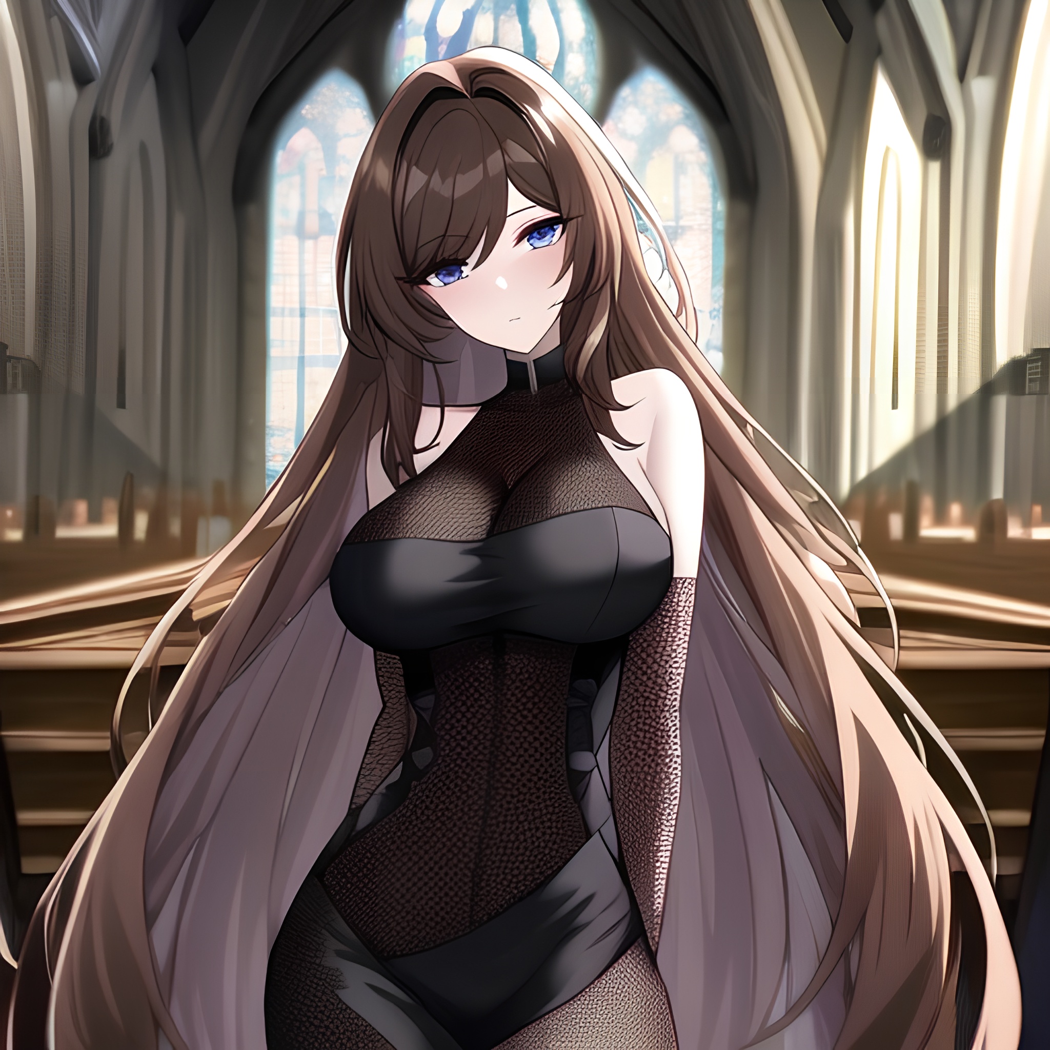 brunette church long hair fishnet messy hair woman 
