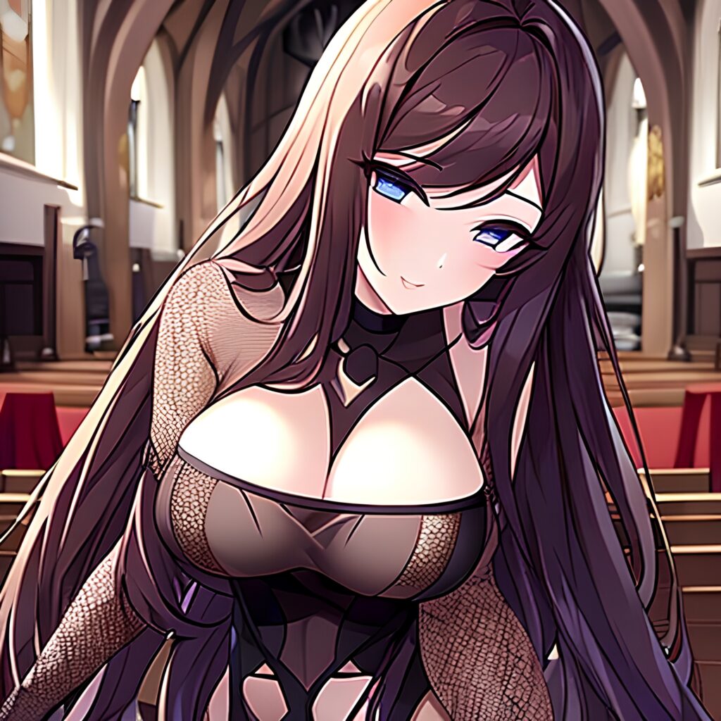 brunette church long hair fishnet woman messy hair 