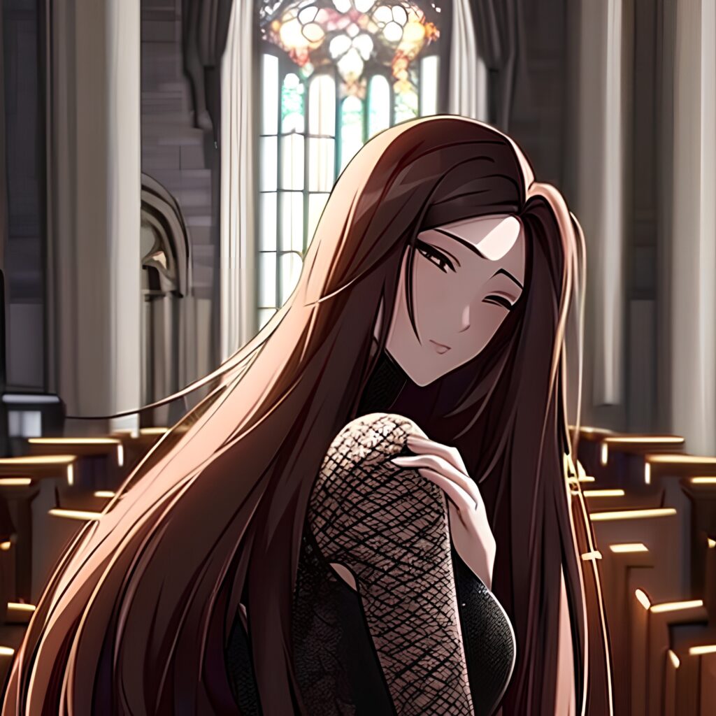 brunette church long hair messy hair fishnet woman 