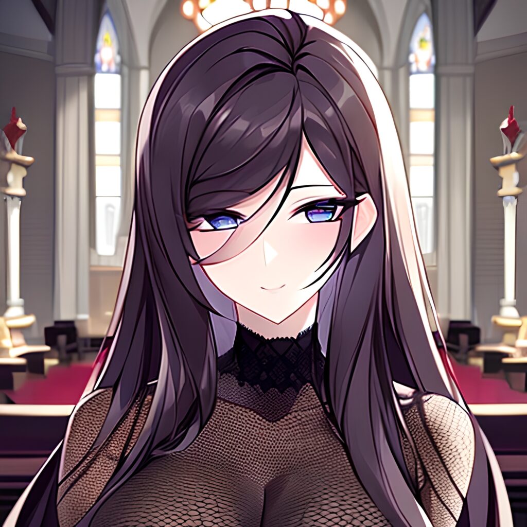 brunette church long hair messy hair fishnet woman 