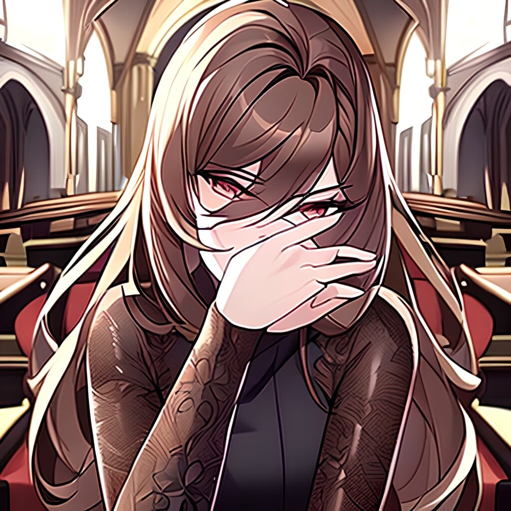 brunette church long hair messy hair fishnet woman 