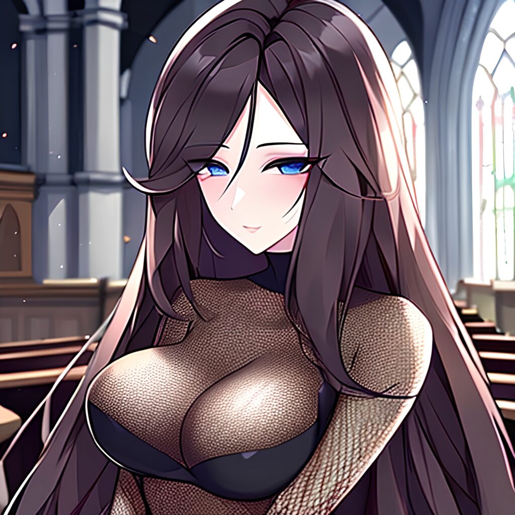 brunette church long hair messy hair fishnet woman