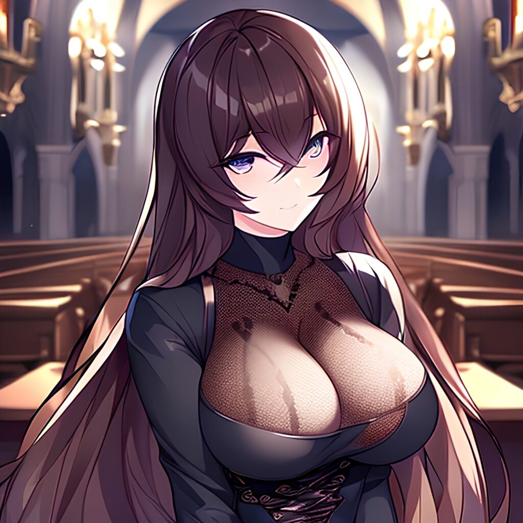 brunette church long hair messy hair fishnet woman 