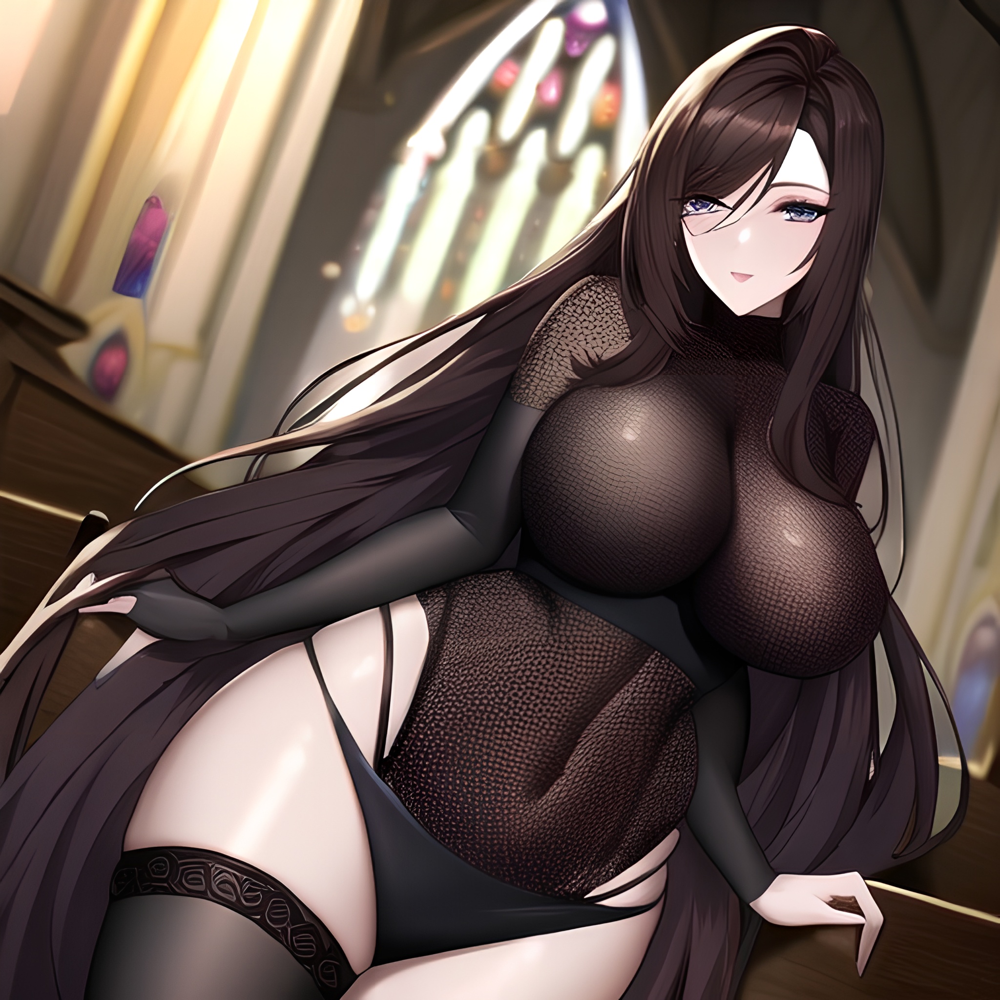 brunette church long hair messy hair fishnet woman 