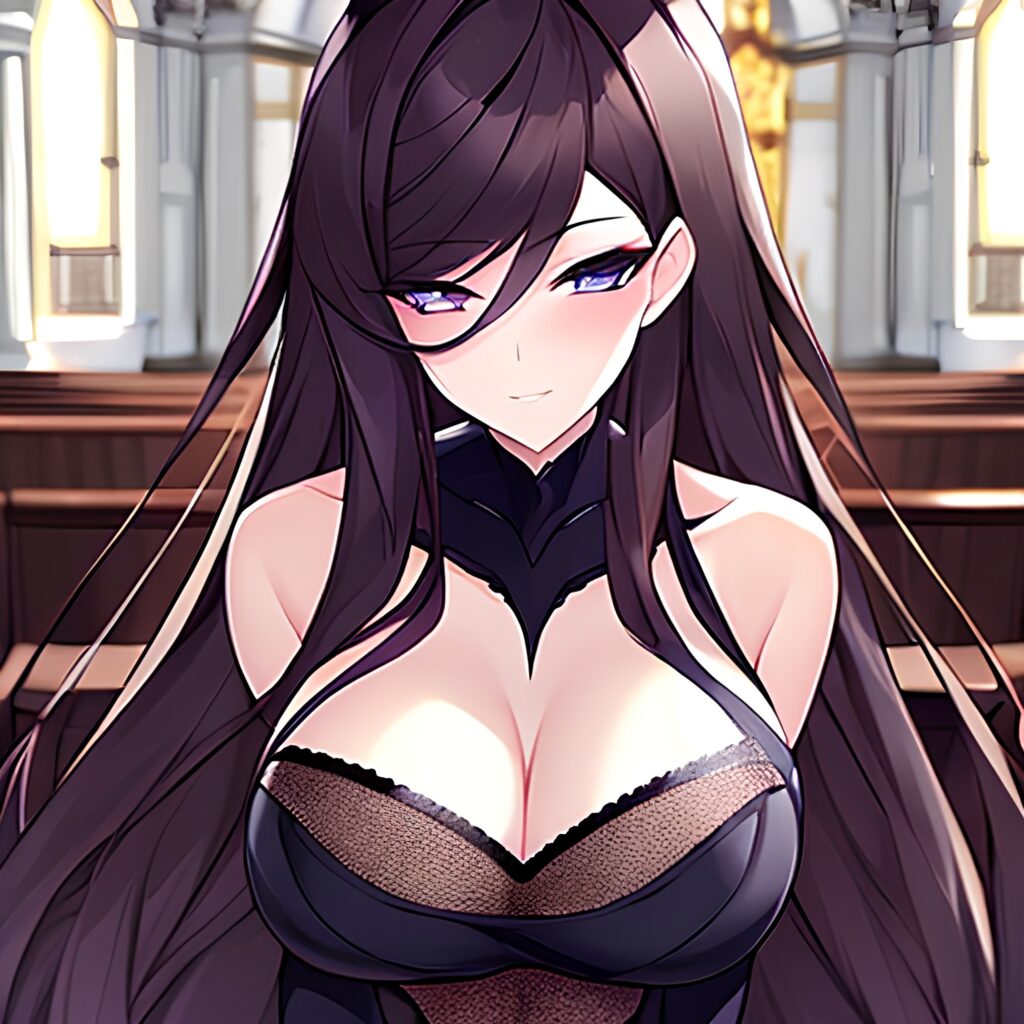 brunette church long hair messy hair fishnet woman