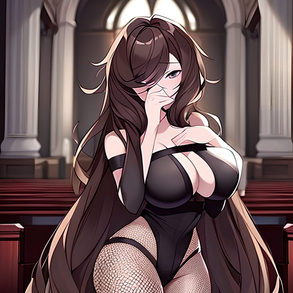 brunette church long hair messy hair fishnet woman