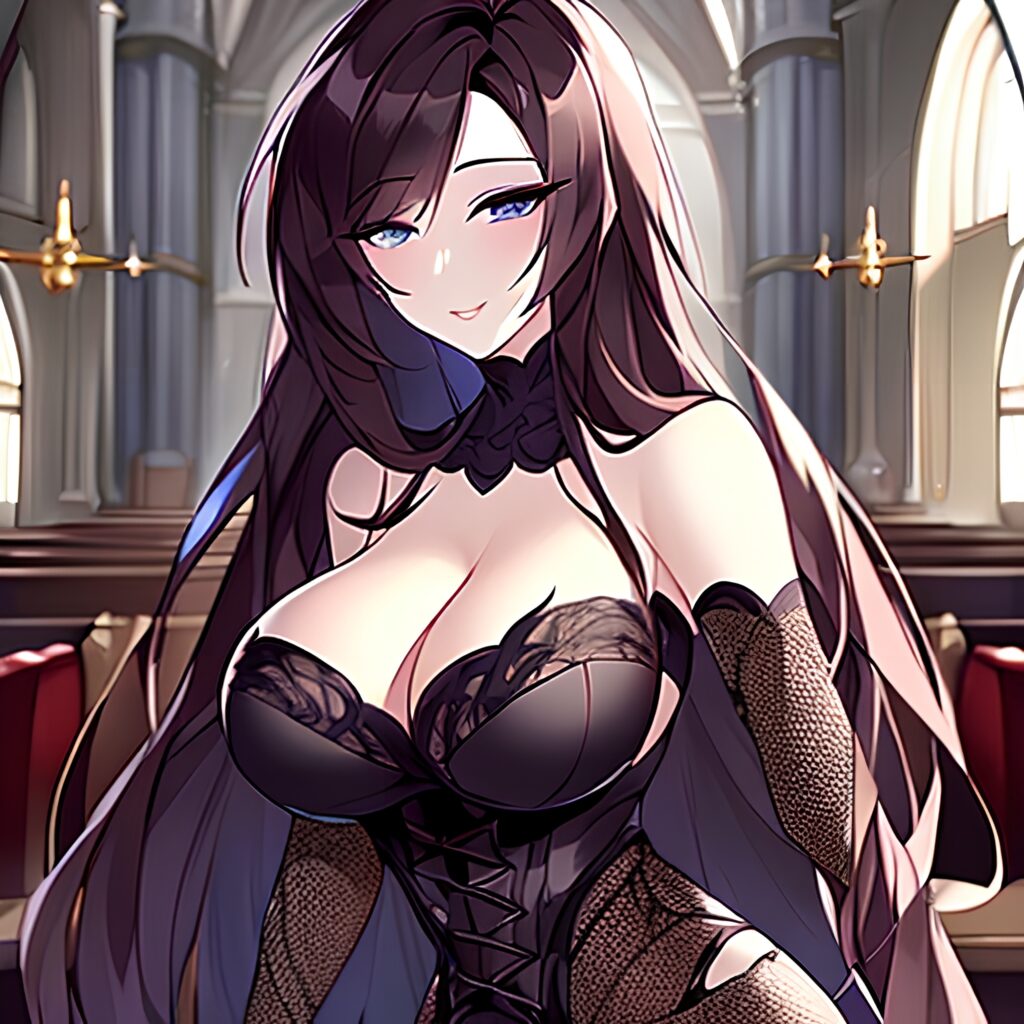brunette church long hair messy hair woman fishnet 