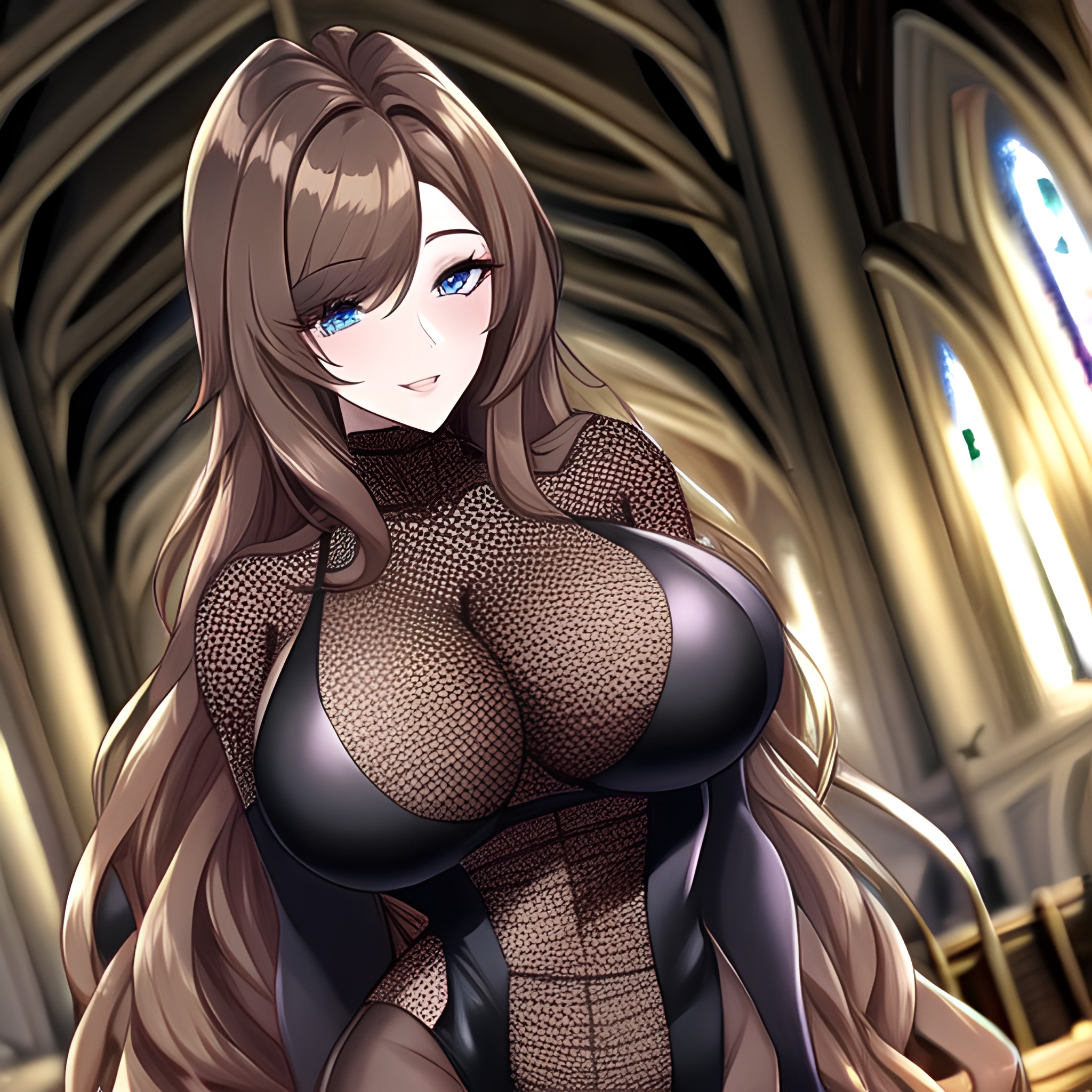 brunette church long hair messy hair woman fishnet 