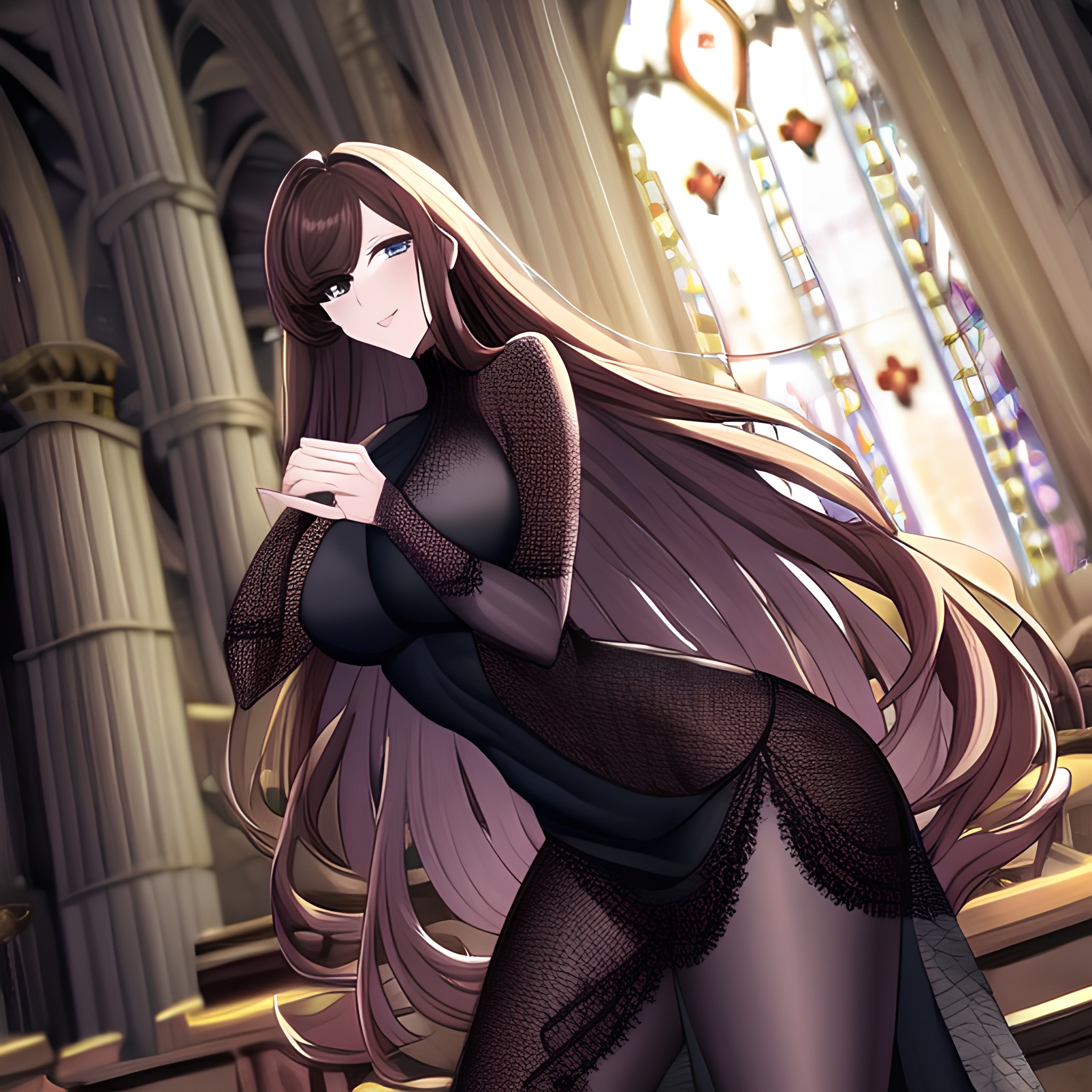 brunette church long hair messy hair woman fishnet 