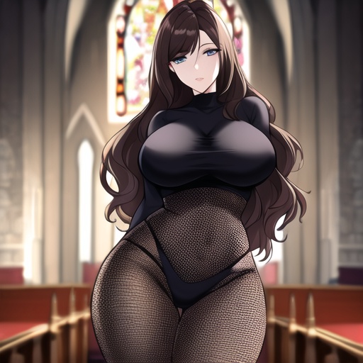 brunette church long hair woman messy hair fishnet 