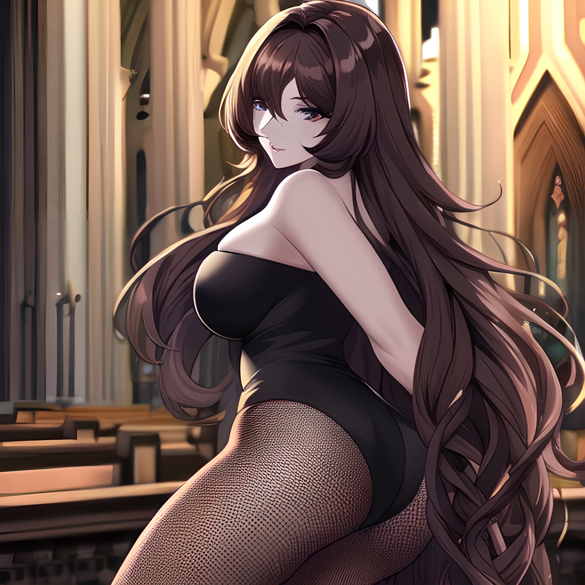 brunette church long hair woman messy hair fishnet 