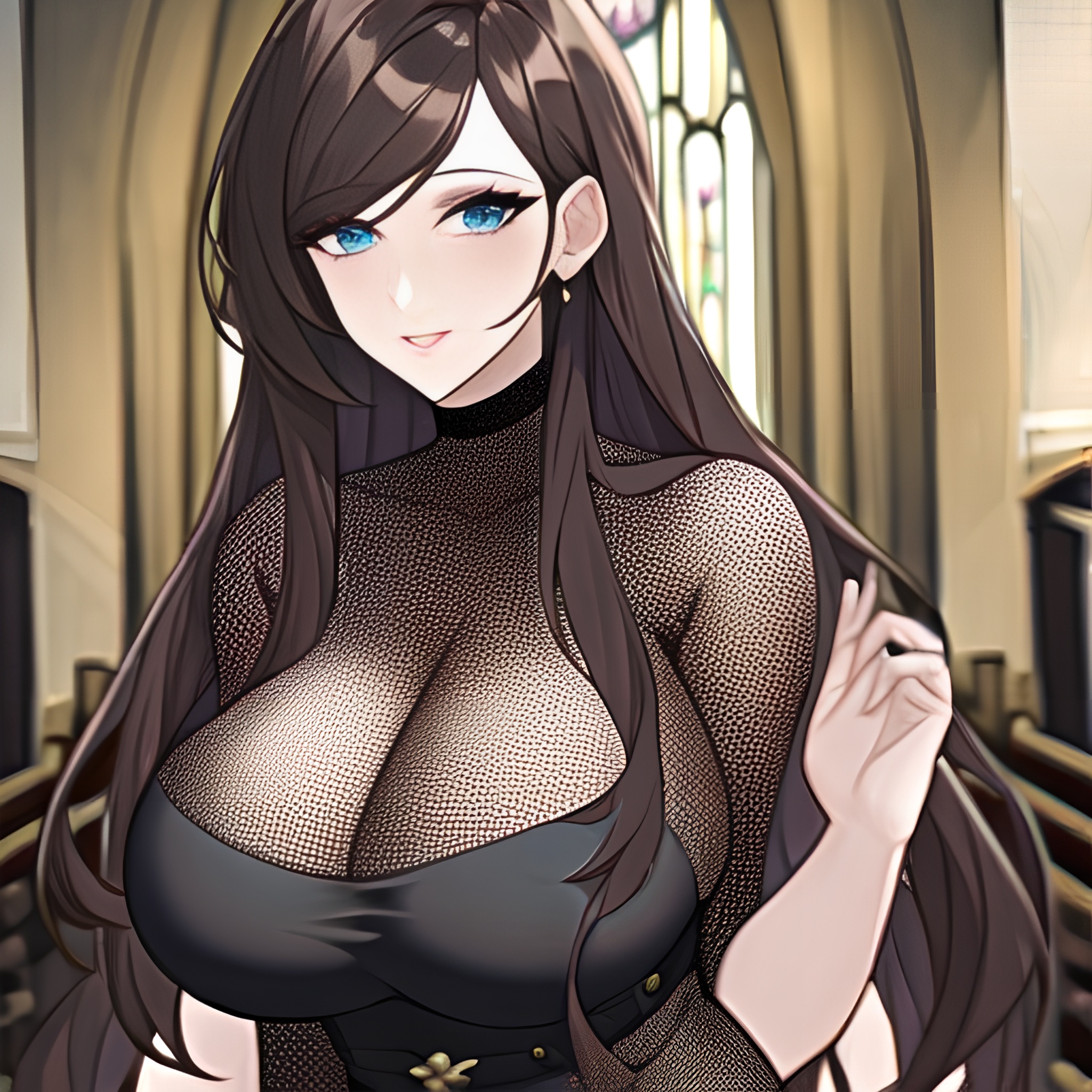 brunette church messy hair fishnet long hair woman 