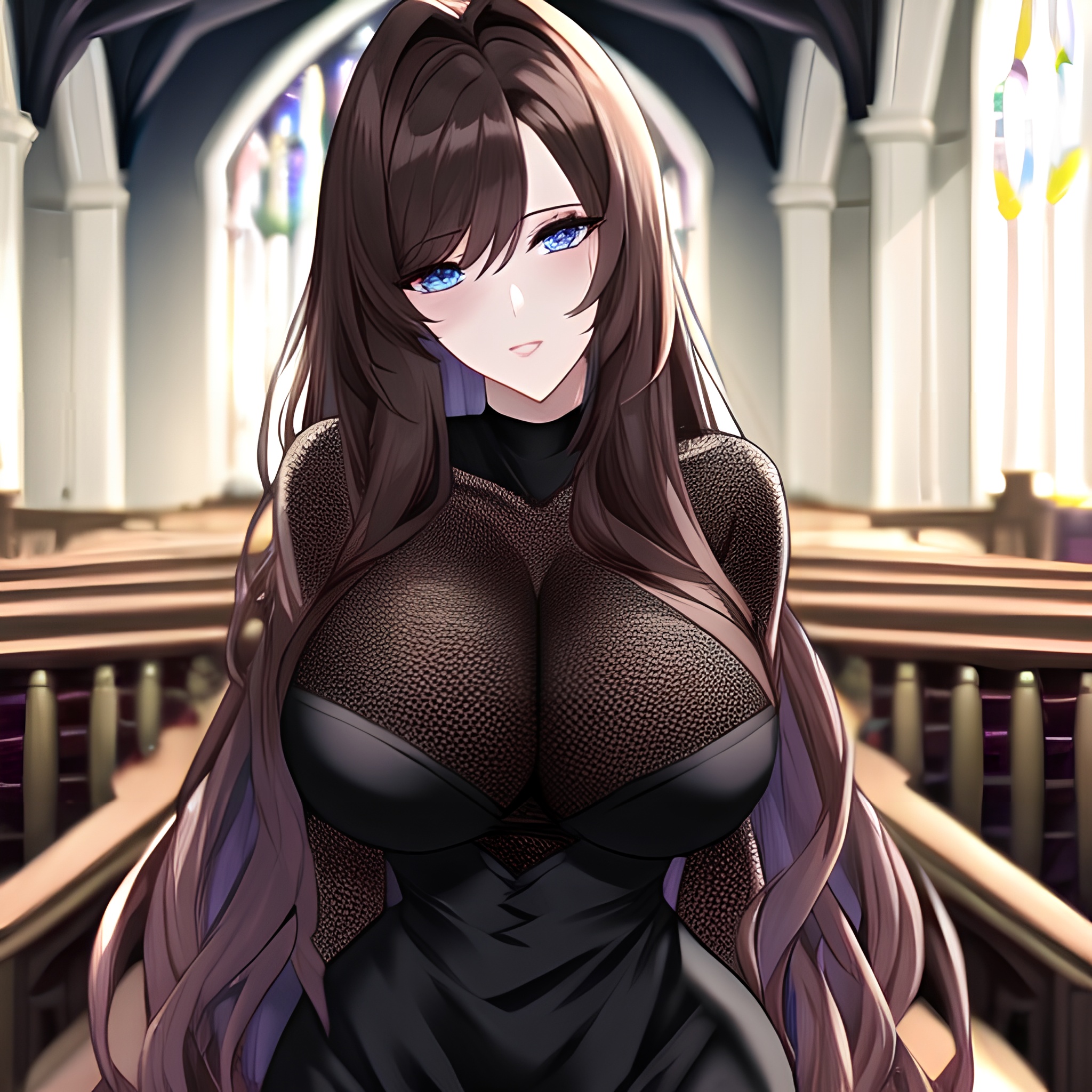 brunette church messy hair fishnet woman long hair 