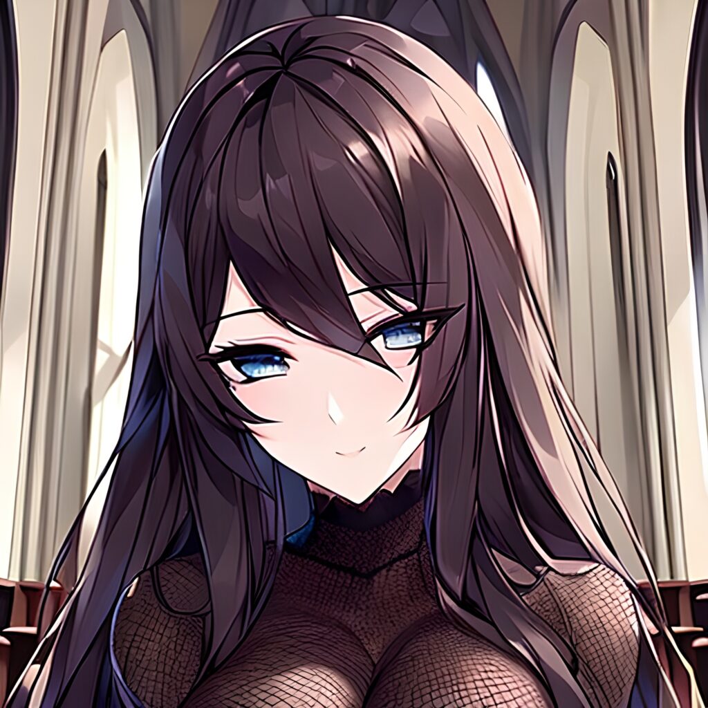 brunette church messy hair long hair fishnet woman