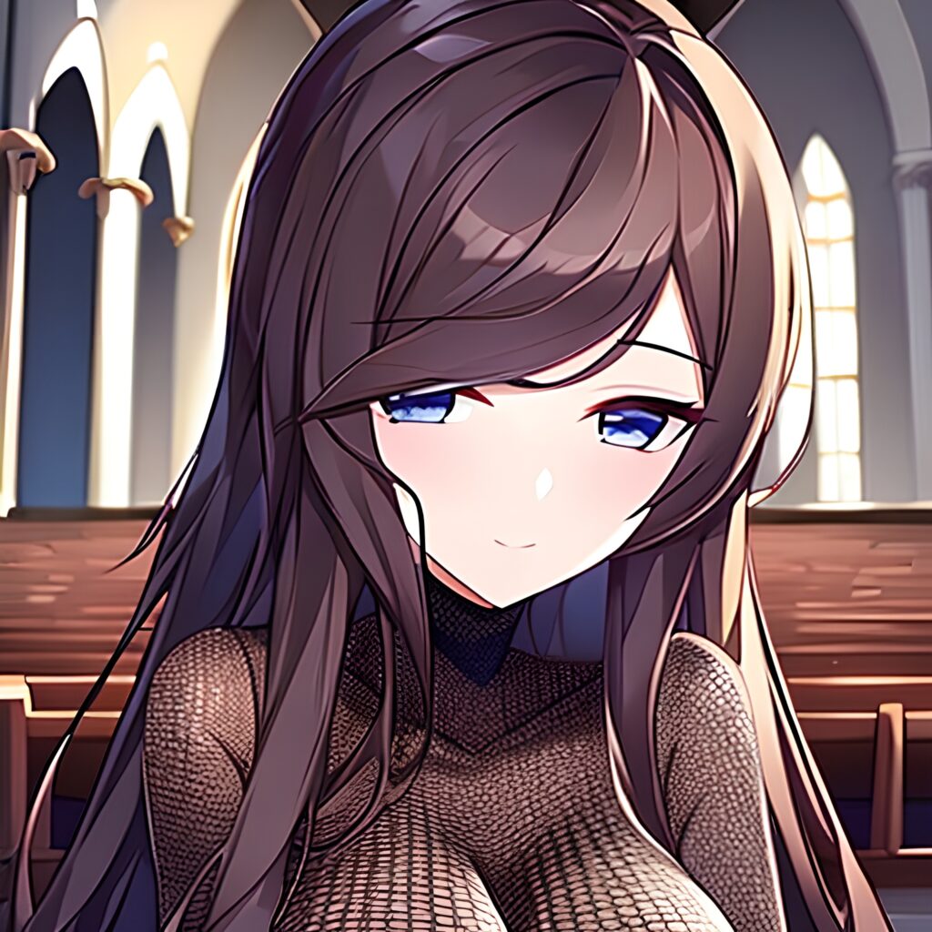 brunette church messy hair long hair fishnet woman