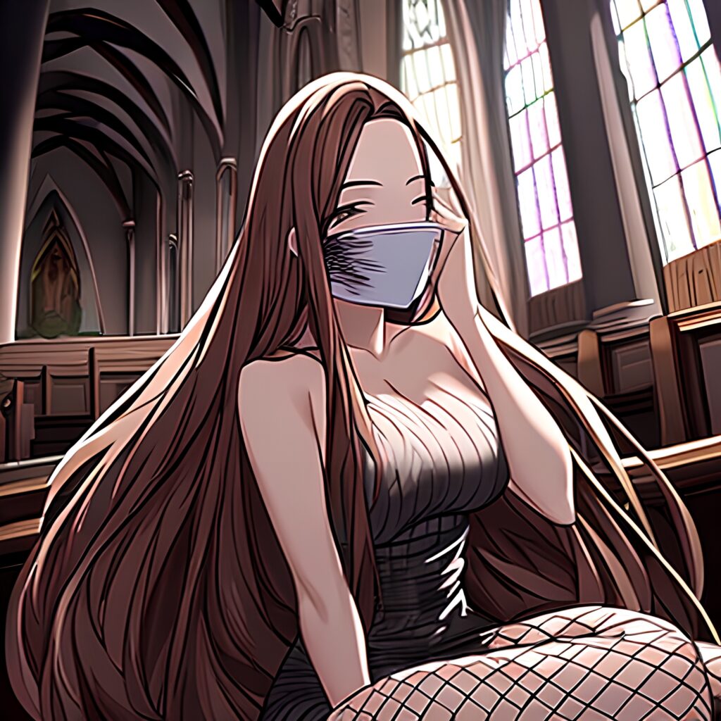 brunette church messy hair long hair fishnet woman 