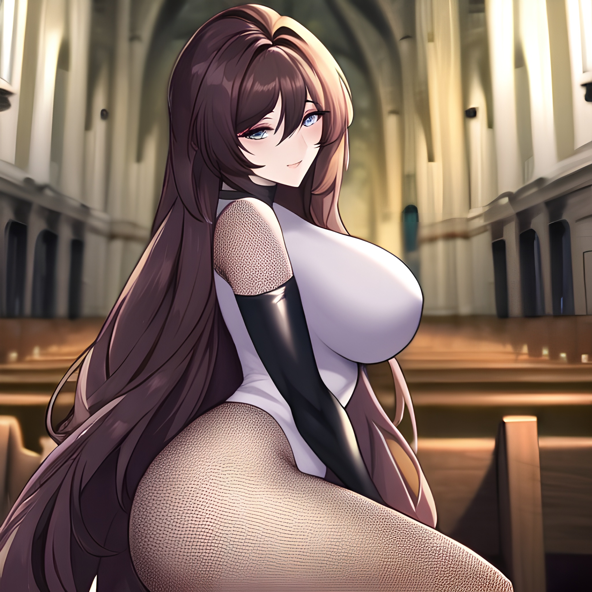 brunette church messy hair long hair fishnet woman 