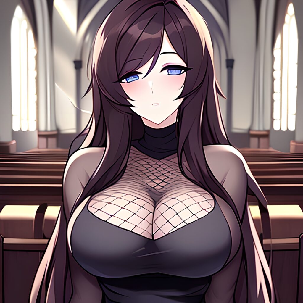 brunette church messy hair long hair fishnet woman 