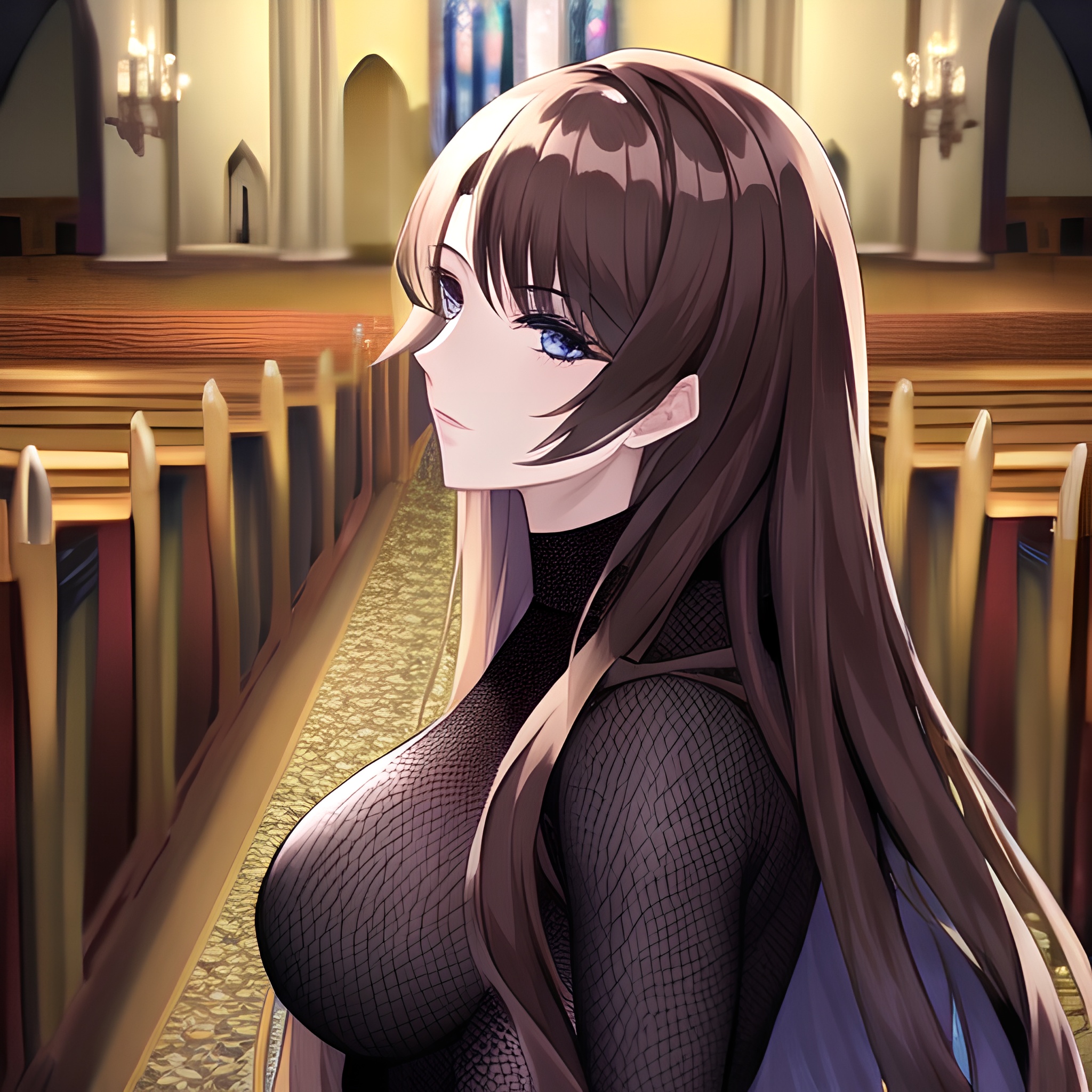 brunette church messy hair long hair fishnet woman