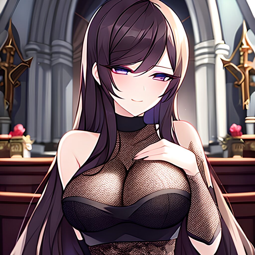 brunette church messy hair long hair woman fishnet 