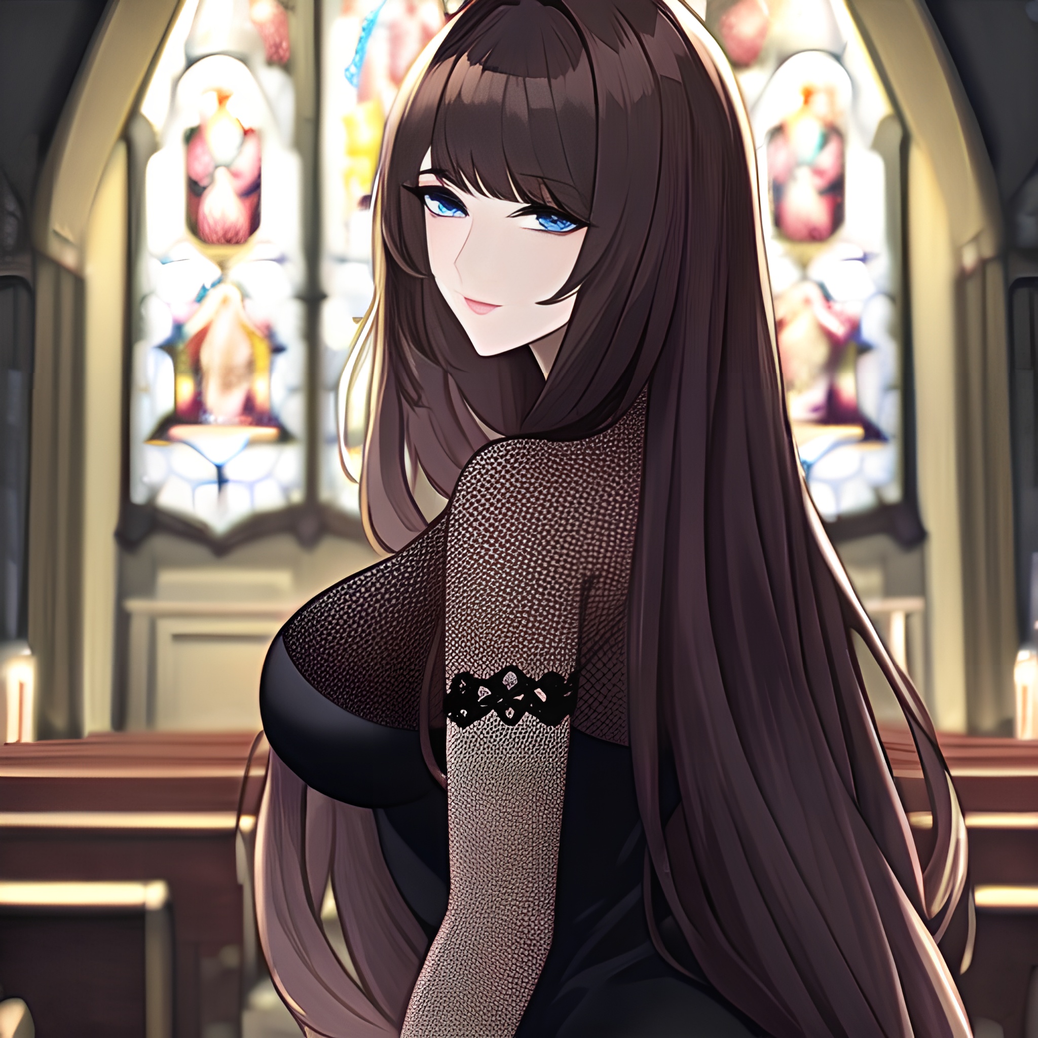 brunette church messy hair long hair woman fishnet