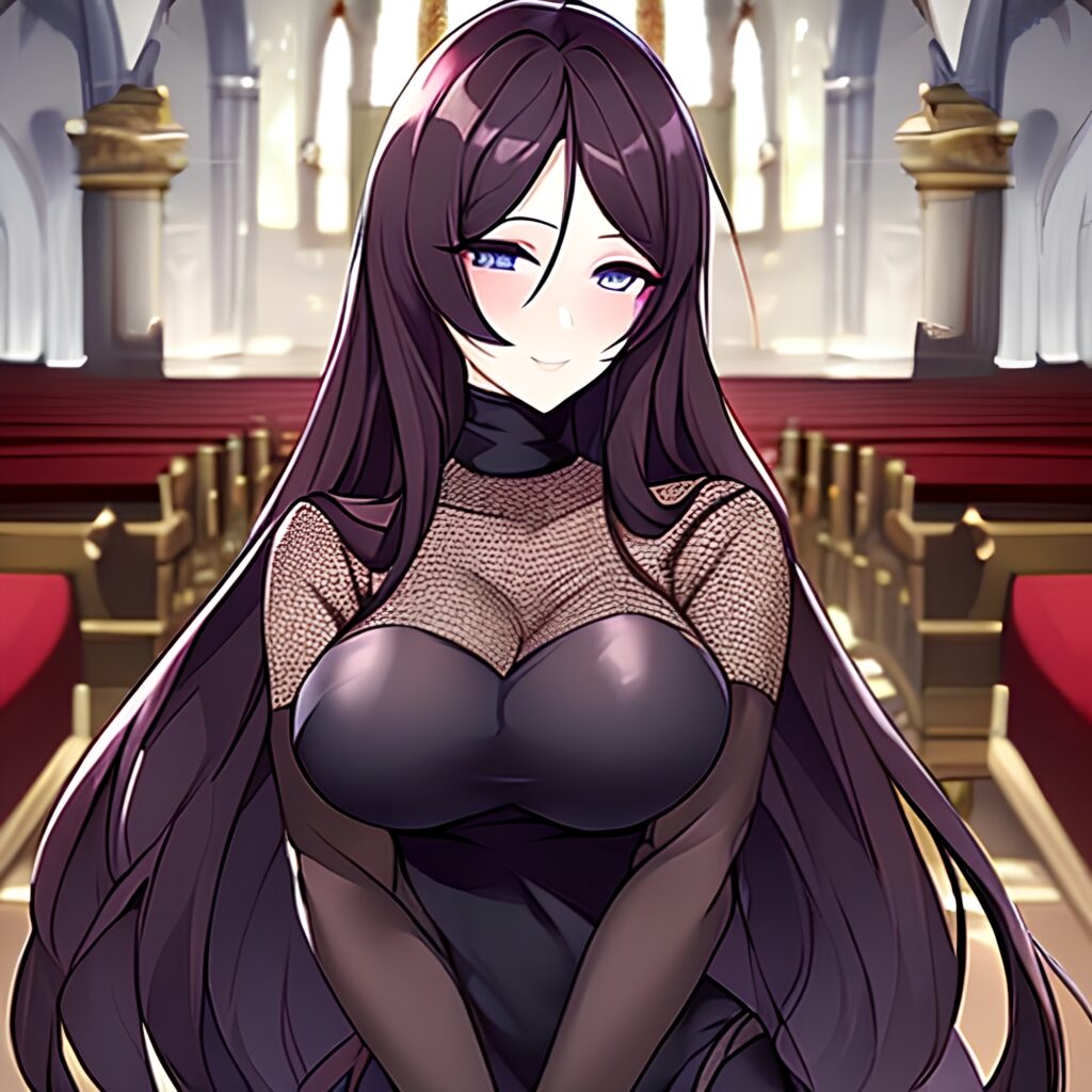 brunette church messy hair long hair woman fishnet 