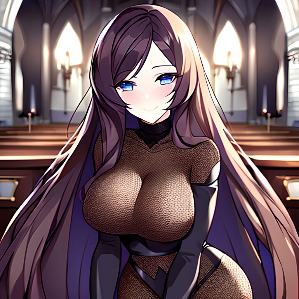 brunette church messy hair long hair woman fishnet 